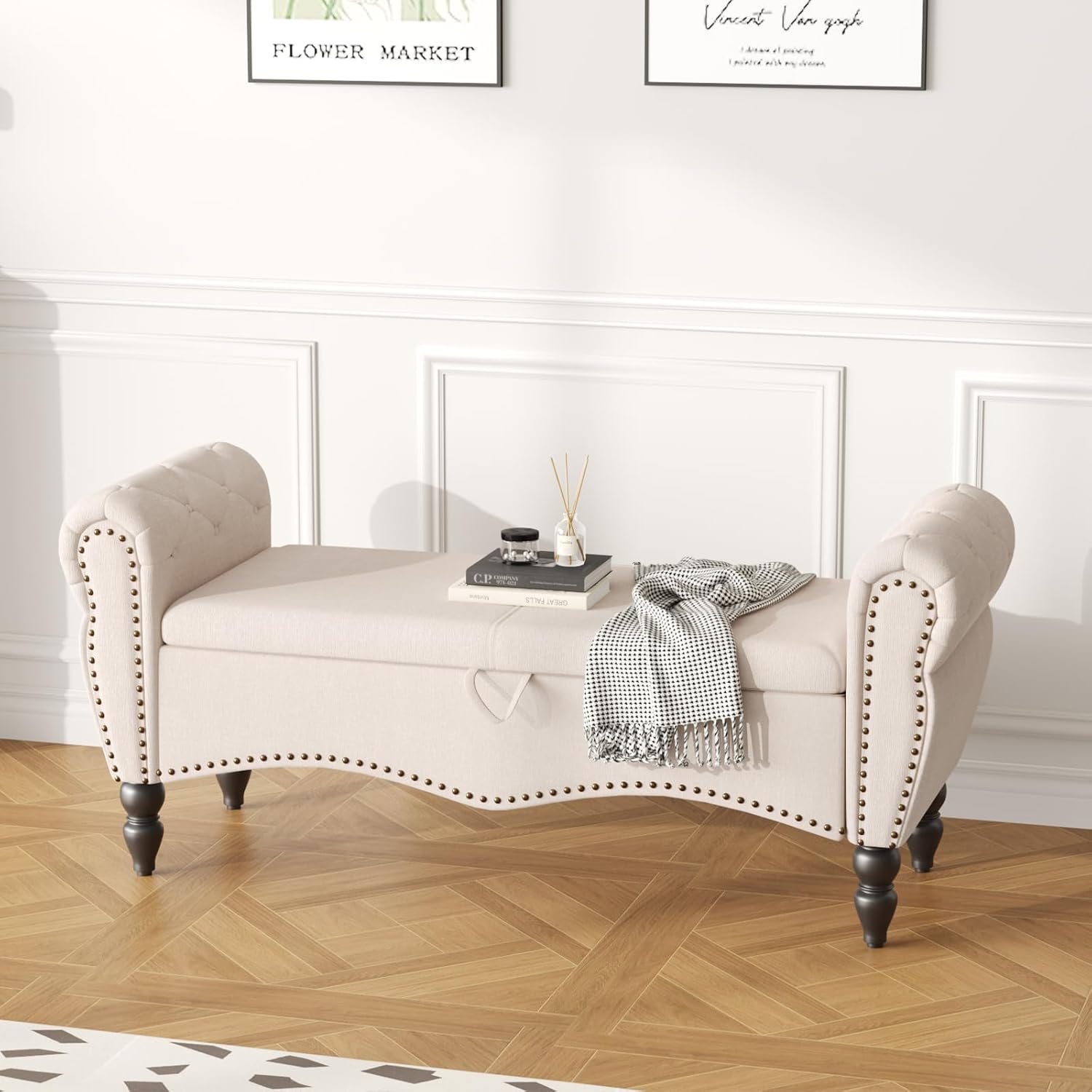 Furniliving Modern Storage Ottoman Bench, Sherpa Ottoman End of Bed Bench with Solid Wood Legs Upholstered Ottoman Benches with Storage Indoor Bench wourant