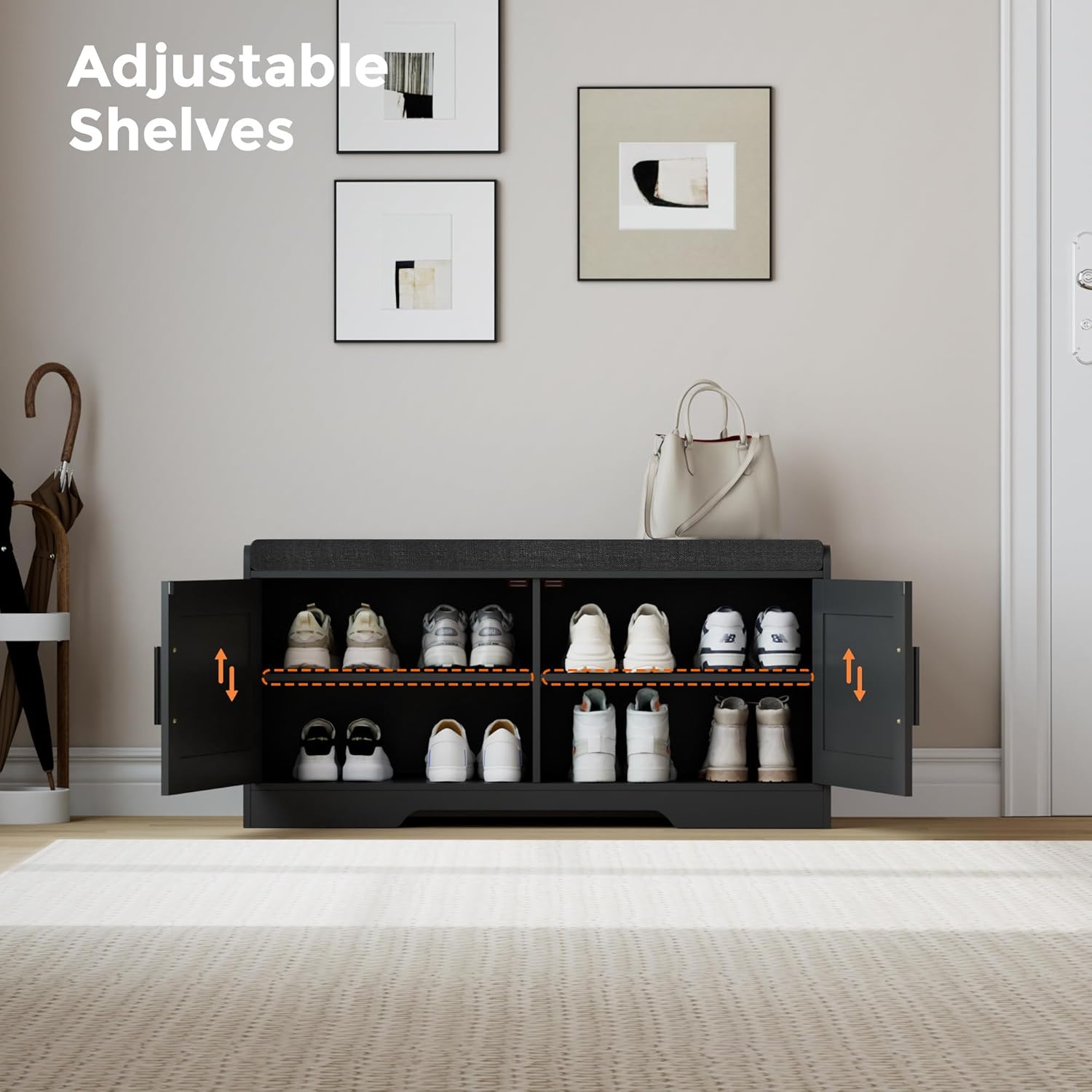 2-Tier Storage Bench, Shoe Bench with Thickened Padded Seat Cushion, Entryway Bench with 4 Doors, Adjustable Shelf wourant