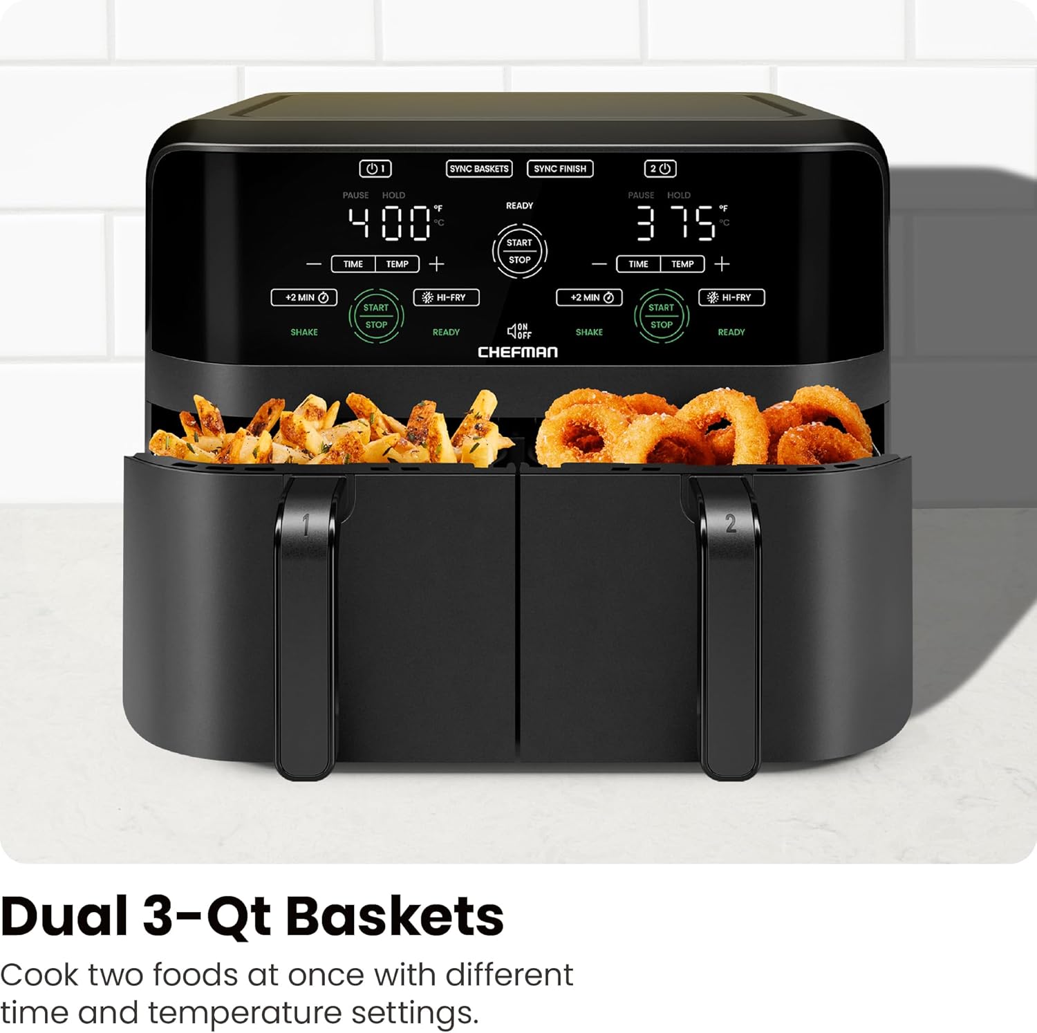 Chefman 6 Quart Dual Basket Air Fryer - Digital Touchscreen, Smart Sync Finish, Hi-Fry, Auto Shutoff, 2 Independent 3QT Nonstick Dishwasher-Safe Frying Baskets - Digital Double Air Fryer - Black wourant