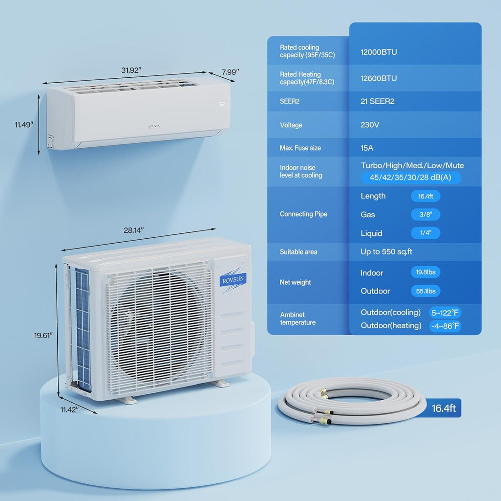 ROVSUN 9000 BTU Wifi Enabled Mini Split Air Conditioner & Heater with Inverter, 19 SEER2 Energy Saving 115V Ductless Split AC Unit with Pre-Charged Condenser, Heat Pump & Installation Kit wourant