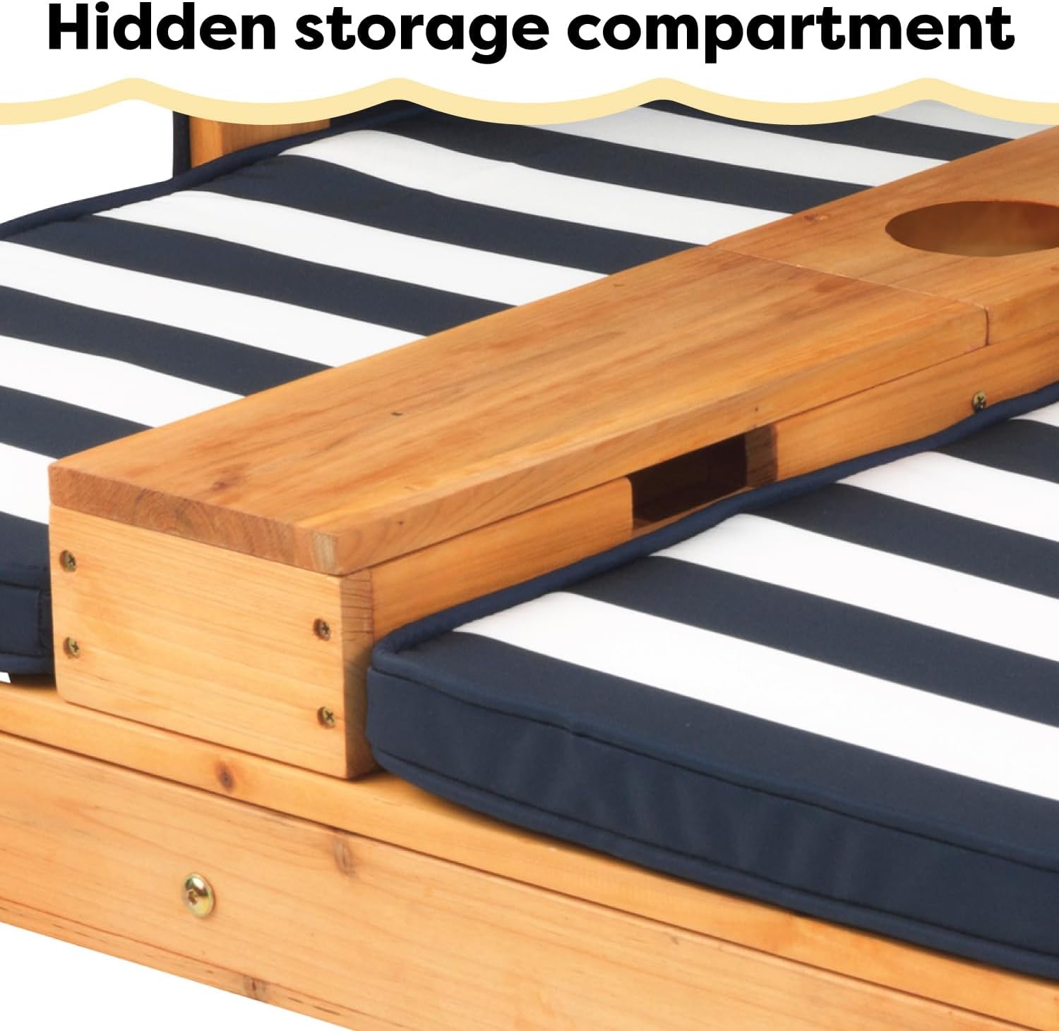 KidKraft Wooden Outdoor Double Chaise Lounge with Cup Holders, Kid's Patio Furniture, Honey with Navy and White Striped Fabric, Gift for Ages 3-8 wourant