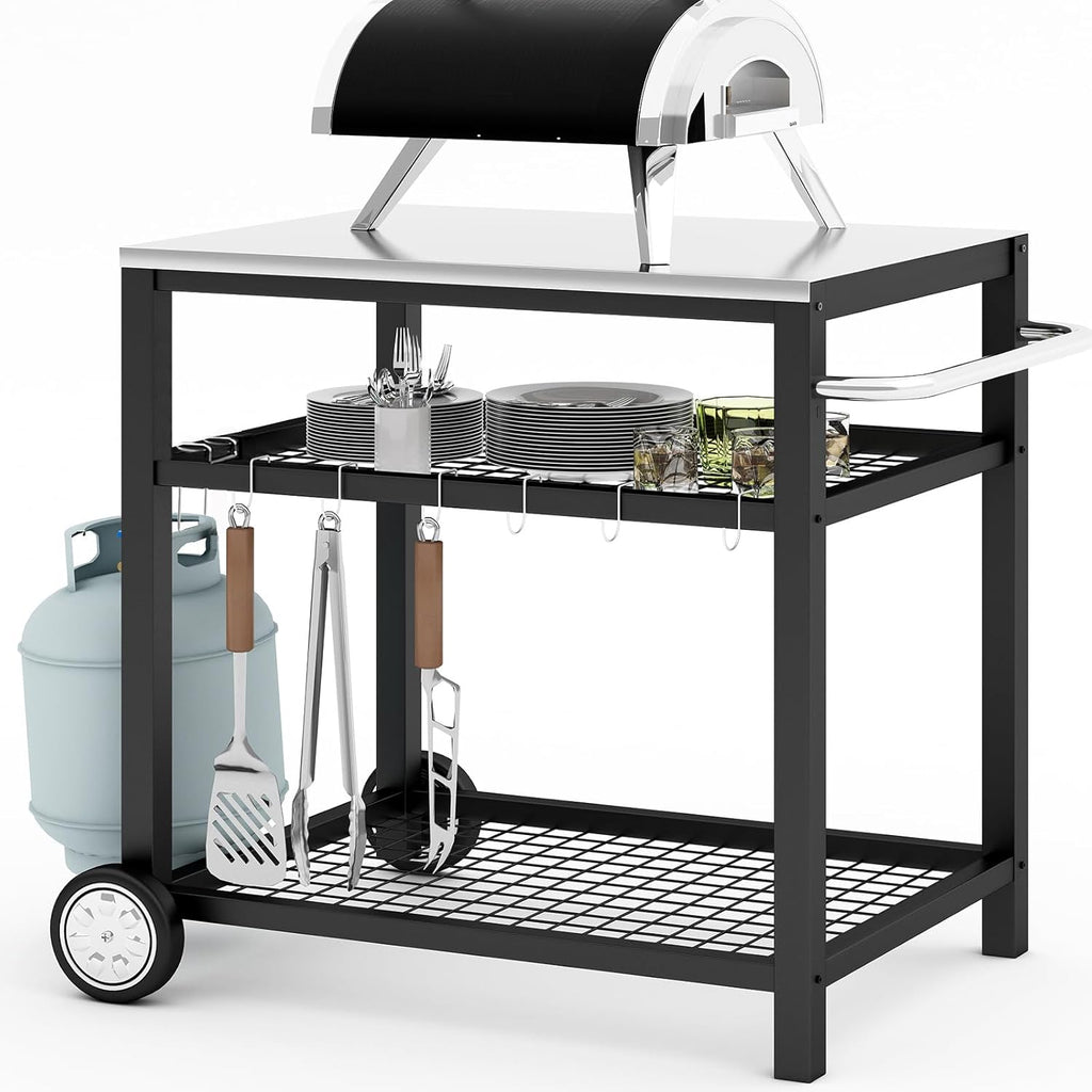 Stainless Steel Outdoor Grill Cart Pizza Oven Stand Trolley Table with Wheels Three-Shelf Movable Food Prep and Work Table Heavy Duty Grill Carts Outdoor Cart 31.5"×24"×35.5" wourant