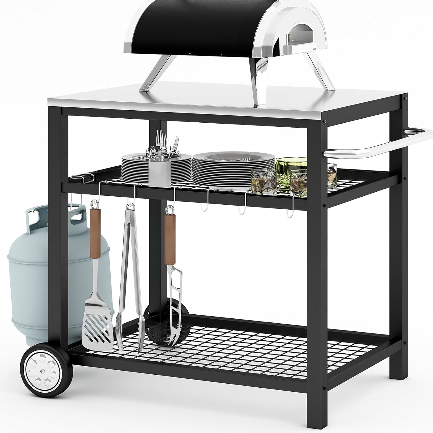 Stainless Steel Outdoor Grill Cart Pizza Oven Stand Trolley Table with Wheels Three-Shelf Movable Food Prep and Work Table Heavy Duty Grill Carts Outdoor Cart 31.5"×24"×35.5" wourant
