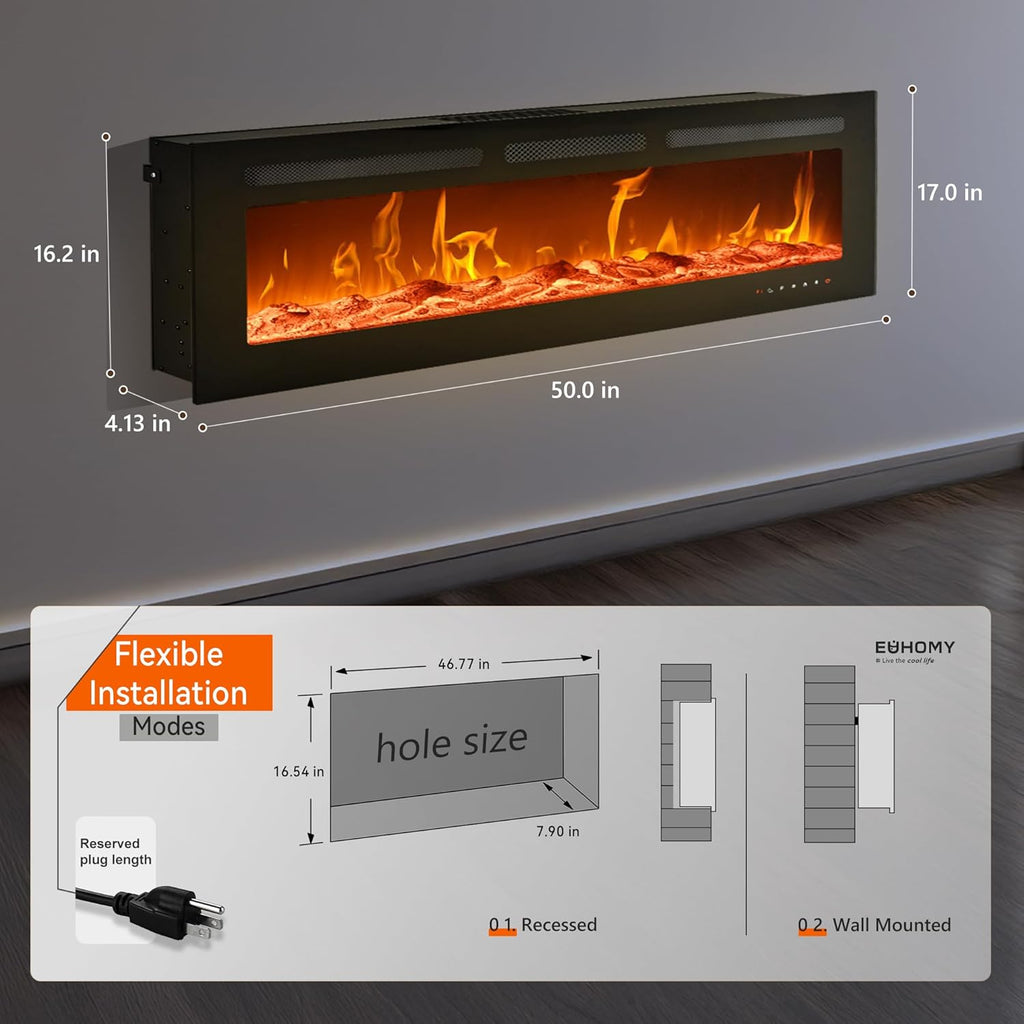 EUHOMY 50 Inch Electric Fireplace Wall Recessed and Wall Mounted with Adjustable Flame Color, Fireplace Heater with Remote Control, Linear Fireplace with Timer, Touch Screen, Log & Crystal, 750/1500W wourant