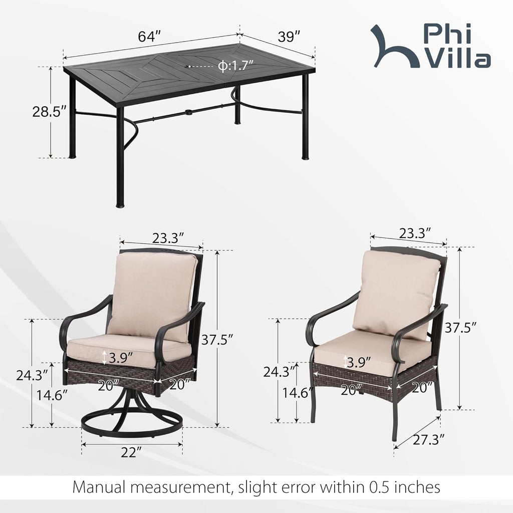 PHI VILLA 6-Piece Outdoor Dining Sets, All-Weather Patio Table and Chairs Set with Umbrella for 4, Heavy Duty Patio Round Table Set for Deck, 4 Extra Large Outdoor Swivel Chairs with Thick Cushions wourant