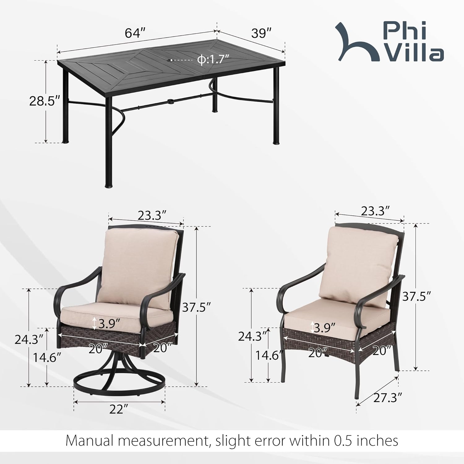 PHI VILLA 6-Piece Outdoor Dining Sets, All-Weather Patio Table and Chairs Set with Umbrella for 4, Heavy Duty Patio Round Table Set for Deck, 4 Extra Large Outdoor Swivel Chairs with Thick Cushions wourant