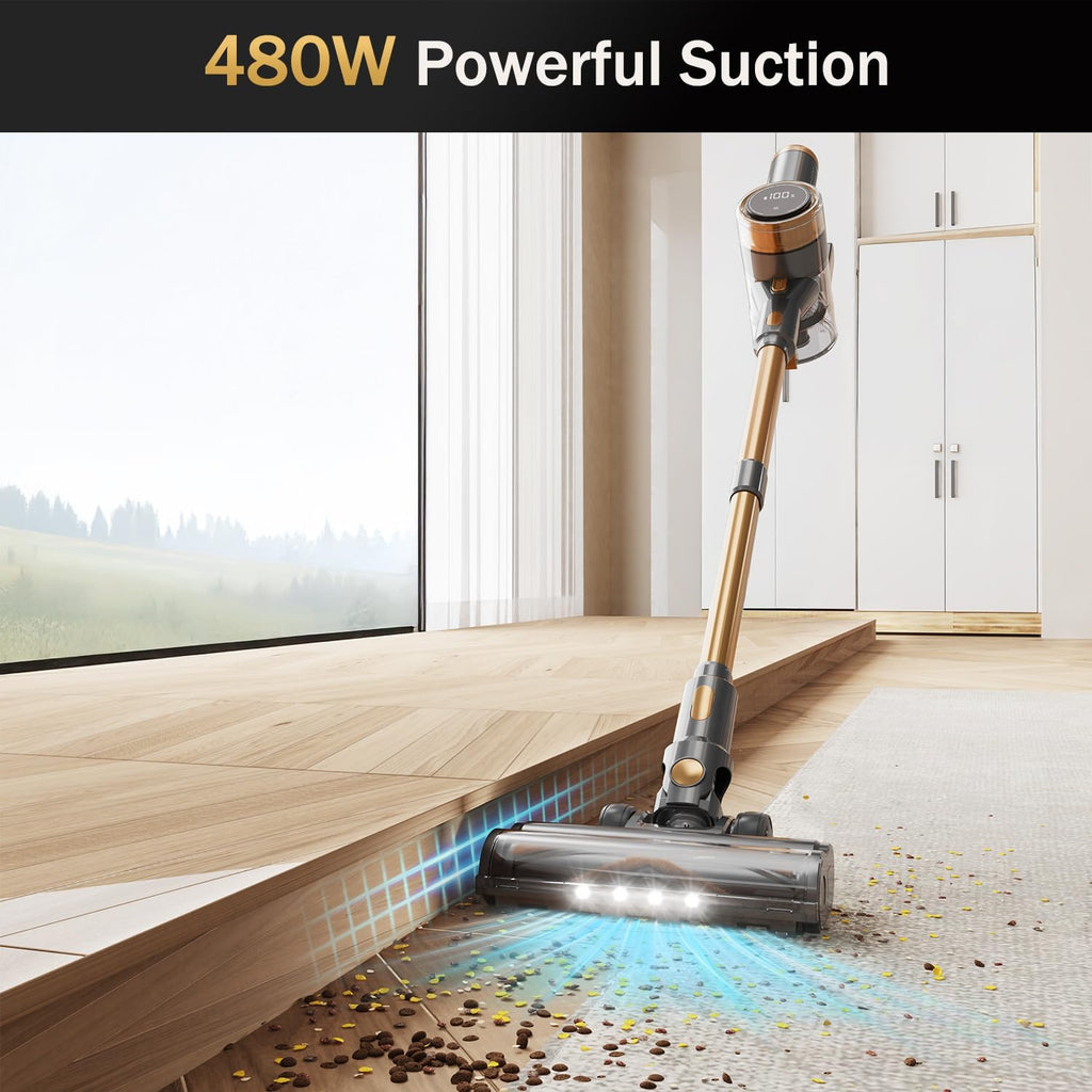 Cordless Vacuum Cleaner, 10-in-1 Lightweight Stick Vacuum with 45mins Runtime, Powerful Suction, LED Touch Screen, Rechargeable Vacuum Cleaners for Home Hardwood Floor Carpet Pet Hair (Gold) woonhhop
