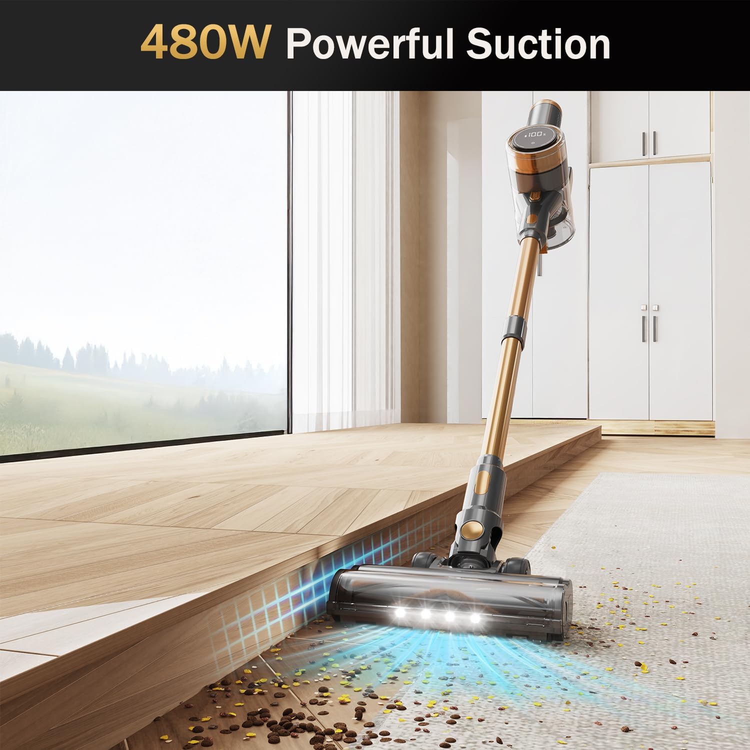 Cordless Vacuum Cleaner, 10-in-1 Lightweight Stick Vacuum with 45mins Runtime, Powerful Suction, LED Touch Screen, Rechargeable Vacuum Cleaners for Home Hardwood Floor Carpet Pet Hair (Gold) woonhhop