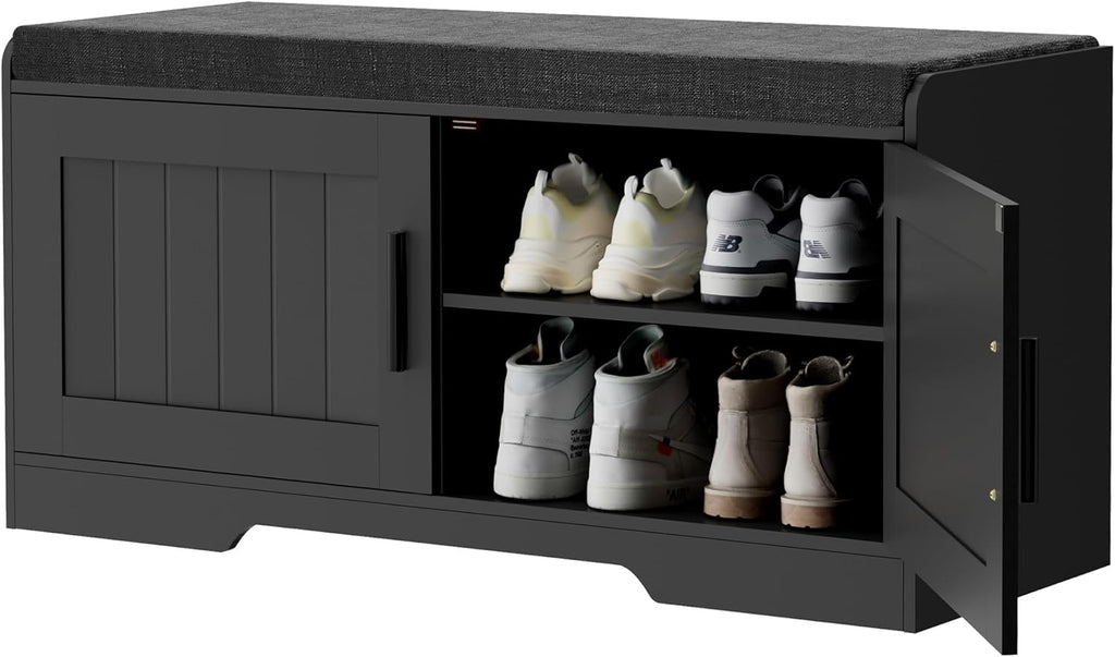 2-Tier Storage Bench, Shoe Bench with Thickened Padded Seat Cushion, Entryway Bench with 4 Doors, Adjustable Shelf wourant