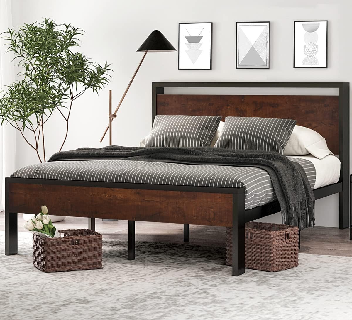 SHA CERLIN 14 Inch Queen Size Metal Platform Bed Frame with Wooden Headboard and Footboard wourant