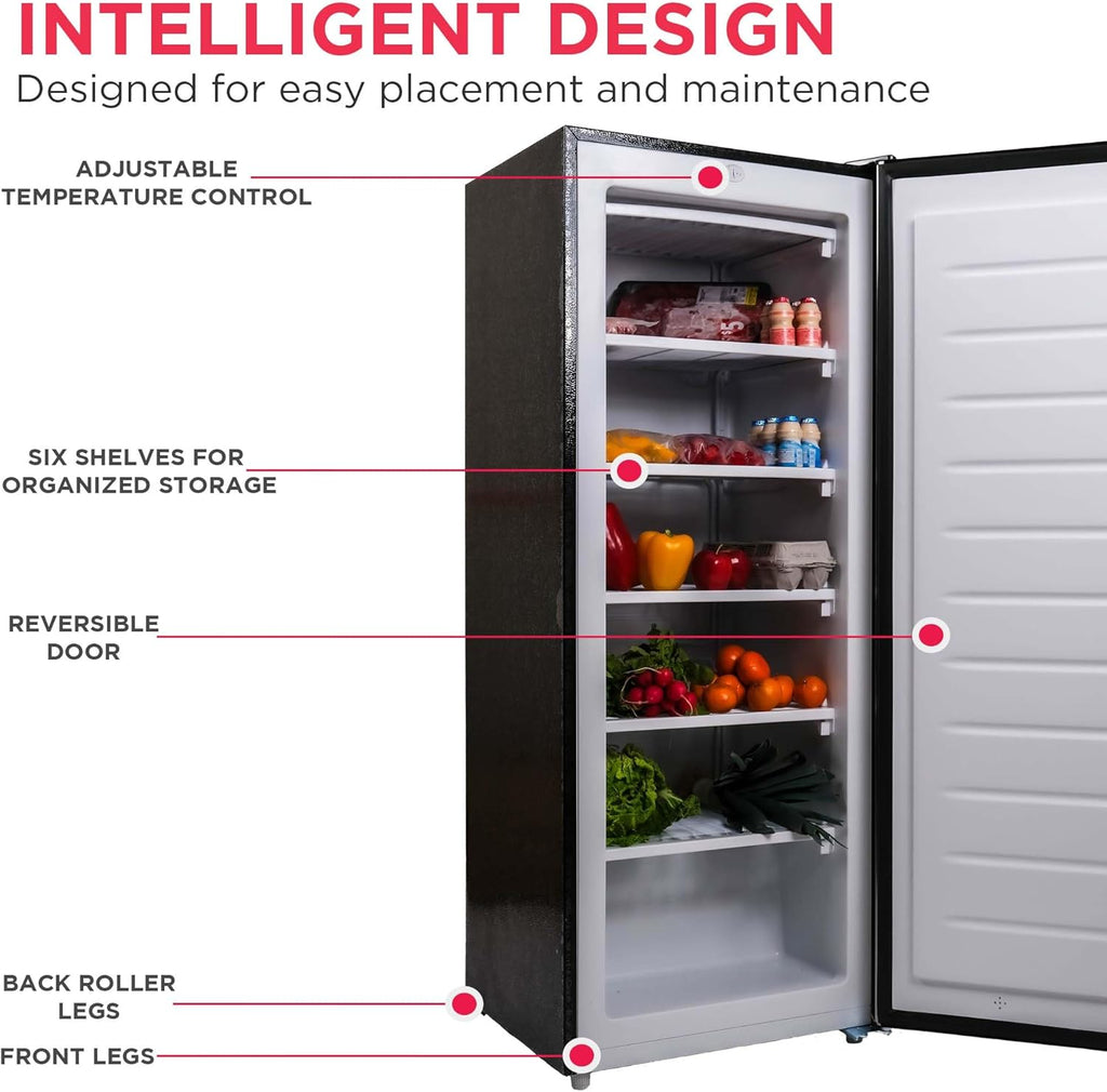 Frigidaire Upright Freezer, 6.5 cu. ft., Deep Freeze, Vinyl Coated Metal with Wire Shelving, Compact for Kitchen, RV, Dorm, Cabin, and Trailer, Platinum Design Series, Silver - 21D x 23W x 56H wourant