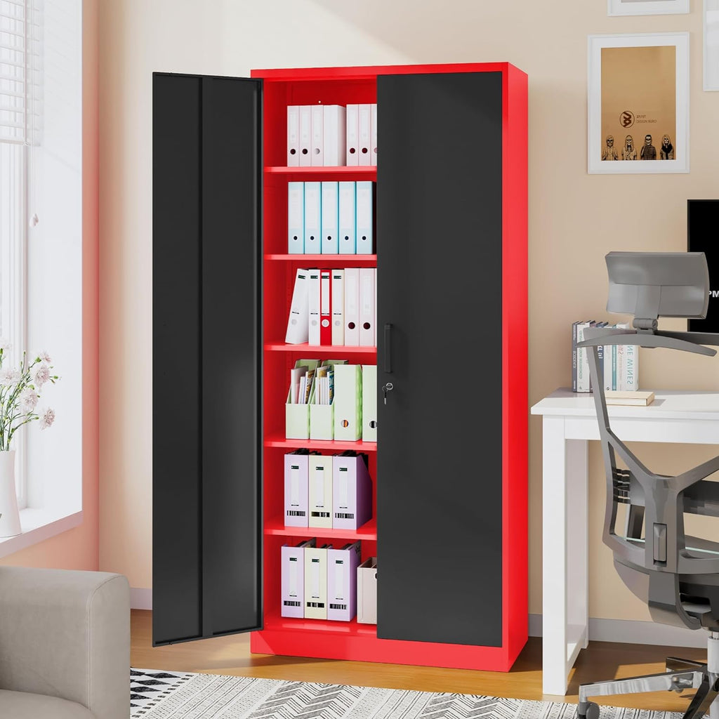 Metal Storage Cabinet with 2 Doors and 6 Shelves, Black Metal Cabinet with Lock, 71 Inch Lockable Garage Storage Cabinet wourant