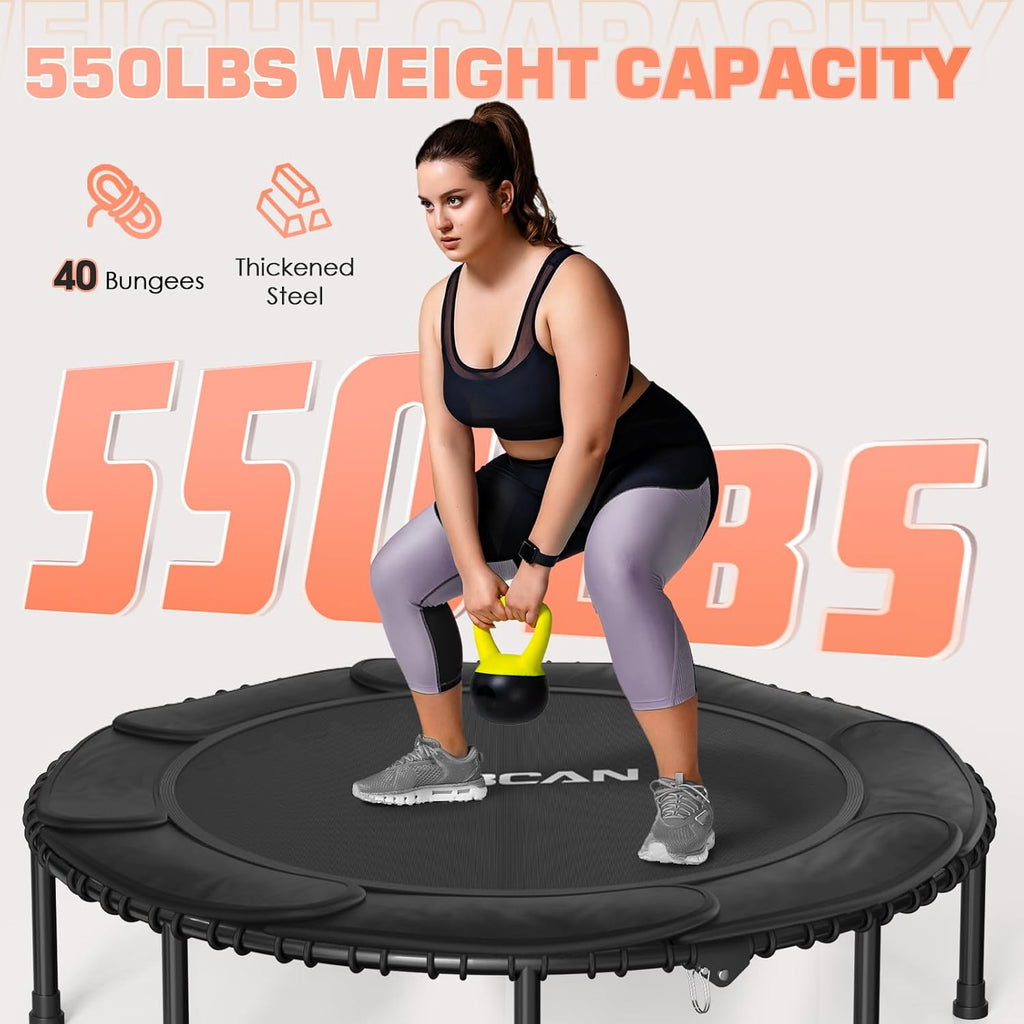 BCAN 450/550 LBS Foldable Mini Trampoline, 40"/48" Fitness Trampoline with Bungees, U Shape Adjustable Foam Handle, Stable & Quiet Exercise Rebounder for Adults Indoor/Outdoor Workout wourant