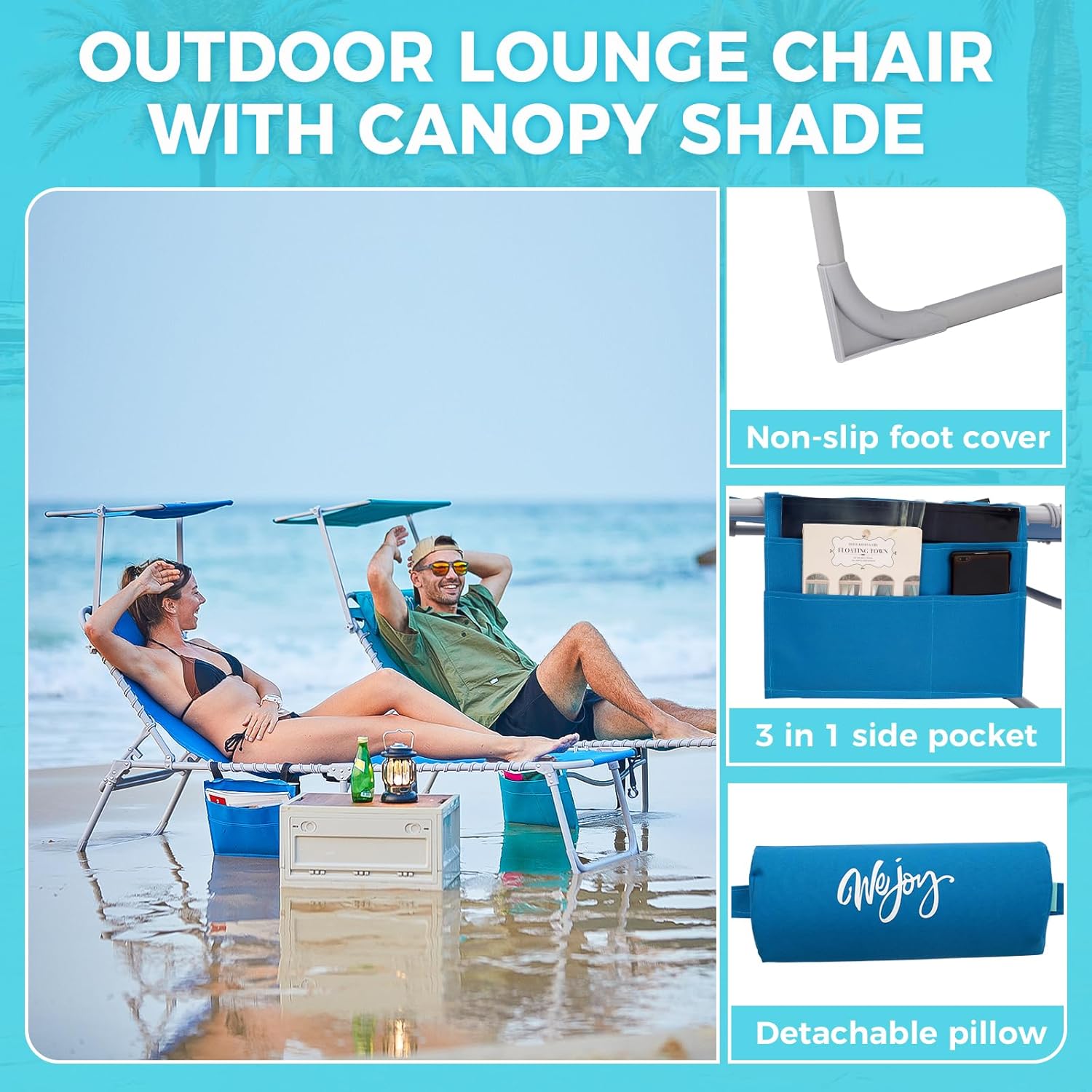 2 Pack Outdoor Chaise Lounge Chair - Portable Folding Patio Pool Lounge Chair, 5 Positions Adjustable Reclining Camping Chair with Side Table,Shoulder Strap, Pillow for Beach Sunbathing Lawn wourant