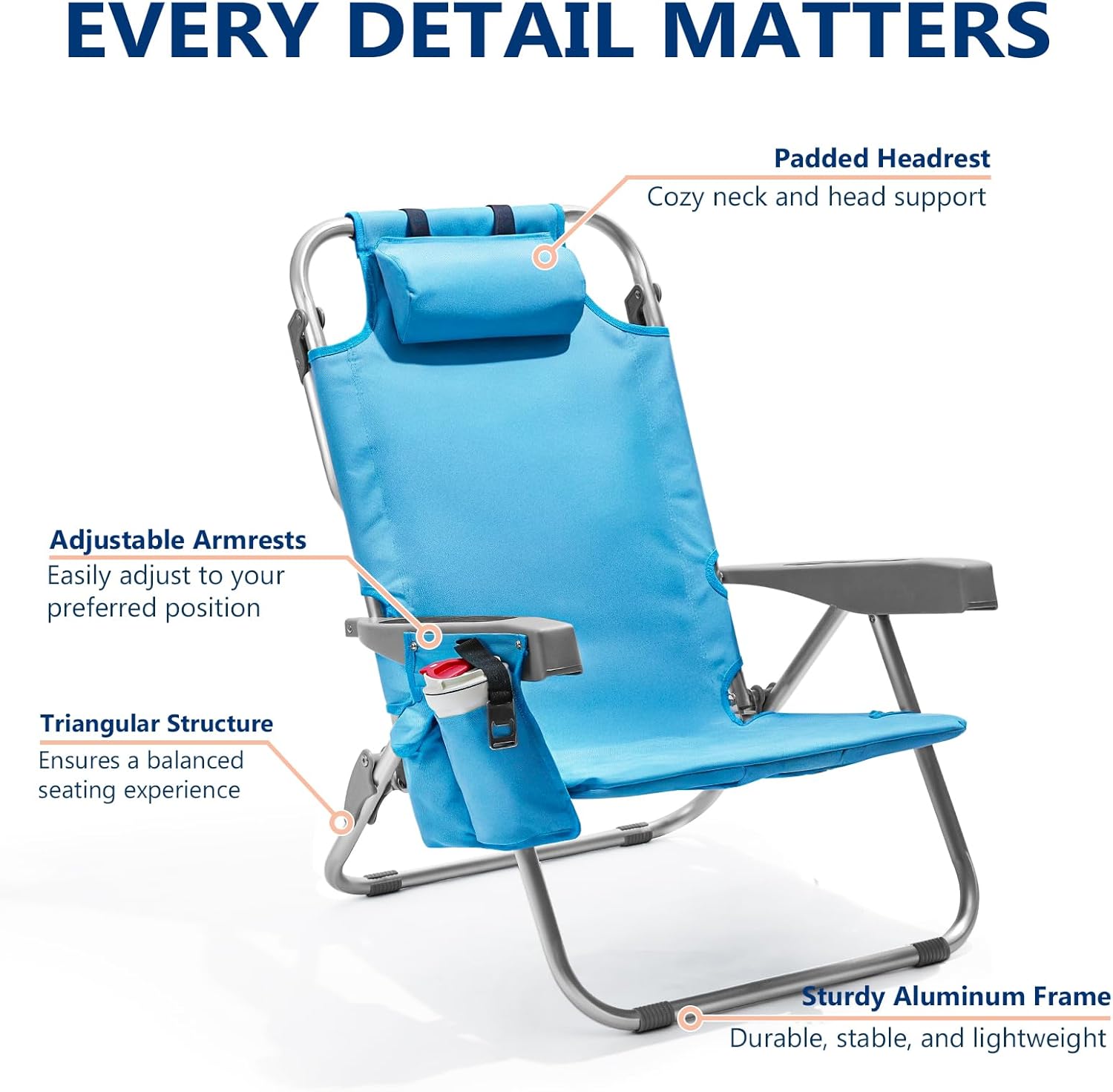 5-Position Aluminum Lay Flat Tall Backpack Beach Chairs 2 Pack Compact Portable Beach Chairs for Adults with Cooler Pouch, Storage Pouch, Towel Bar, Cup Holder & Phone Holder, Blue Stripe wourant