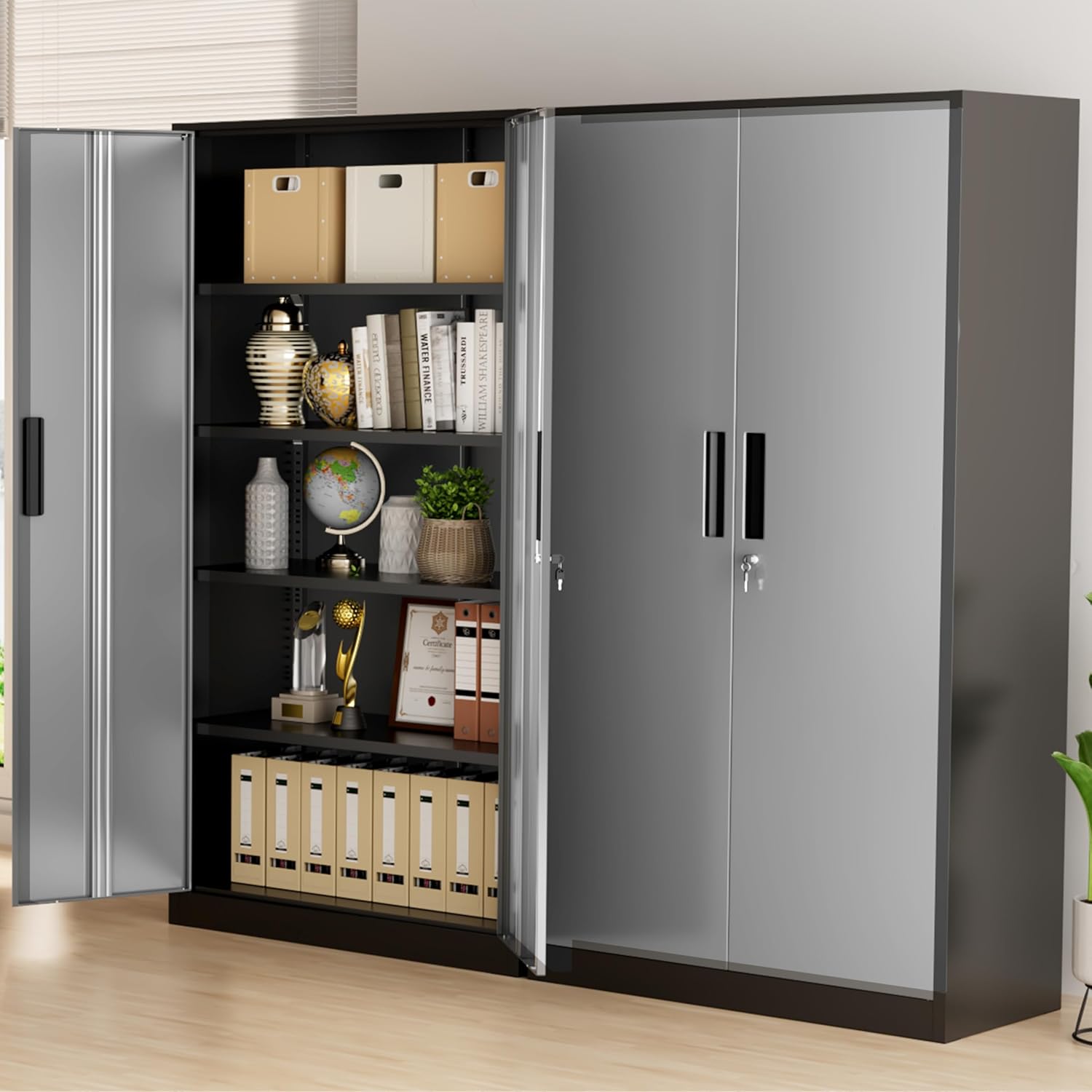Greenvelly Metal Storage Cabinet, 72" Black Locking Metal Cabinet with 2 Doors and 4 Adjustable Shelves, Lockable Garage Storage Cabinets for Home Office, Garage, Kitchen, Living Room wourant