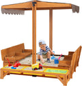 Kids Wooden Outdoor Sandbox w/Canopy, 2 Foldable Bench Seats, Retractable Roof Sand Protection Liner 47x47-Inch wourant
