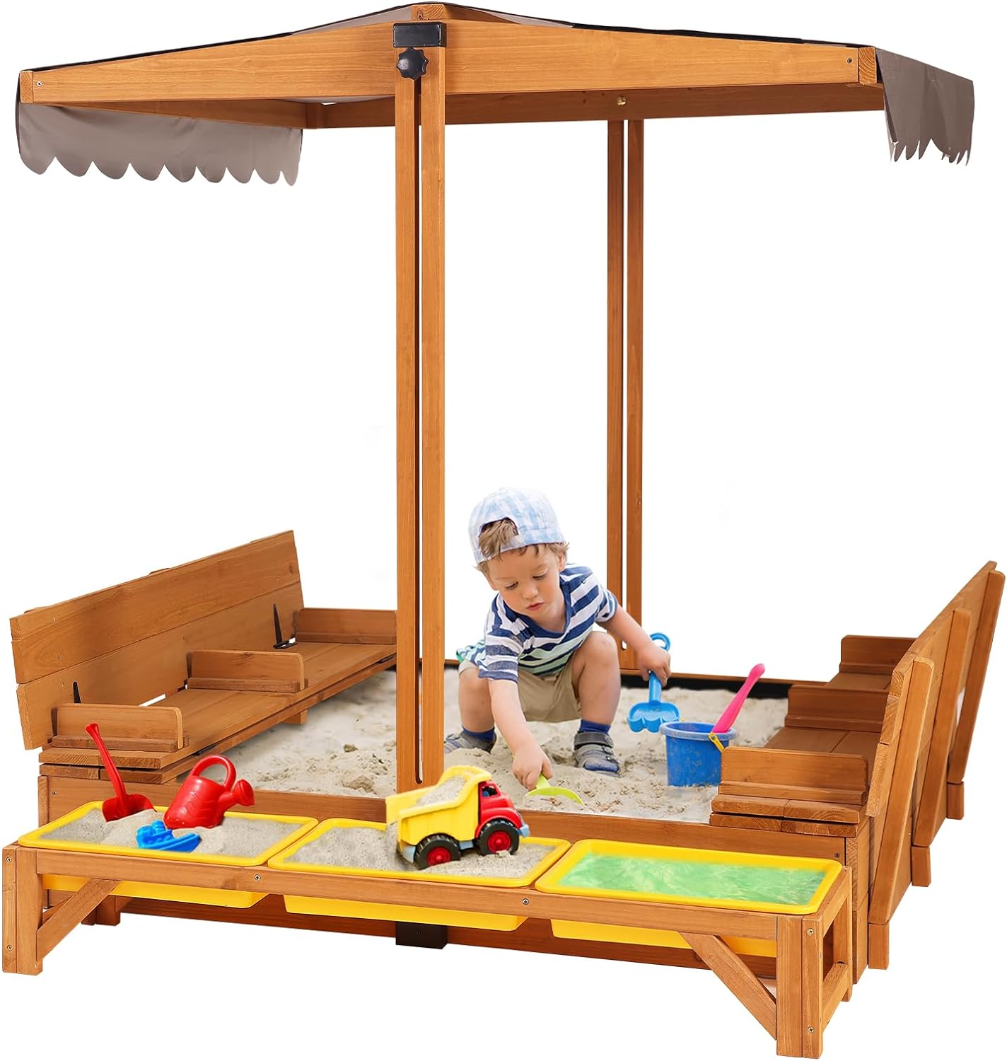 Kids Wooden Outdoor Sandbox w/Canopy, 2 Foldable Bench Seats, Retractable Roof Sand Protection Liner 47x47-Inch wourant