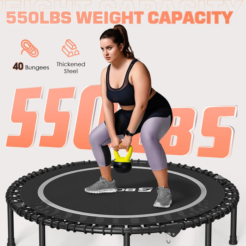 BCAN 450/550 LBS Foldable Mini Trampoline, 40"/48" Fitness Trampoline with Bungees, U Shape Adjustable Foam Handle, Stable & Quiet Exercise Rebounder for Adults Indoor/Outdoor Workout wourant