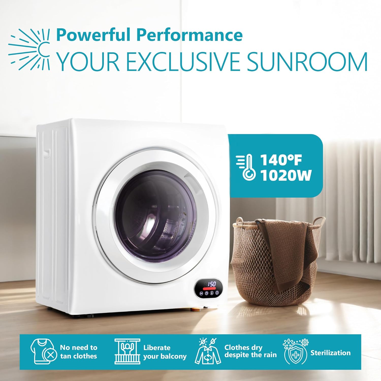 Compact Laundry Dryer, 3.5 cu ft Front Load Stainless Steel Clothes Dryers With Exhaust Pipe, 1500W, LCD Control Panel Four-Function Portable Dryer For Apartments, Home, Dorm, White wourant