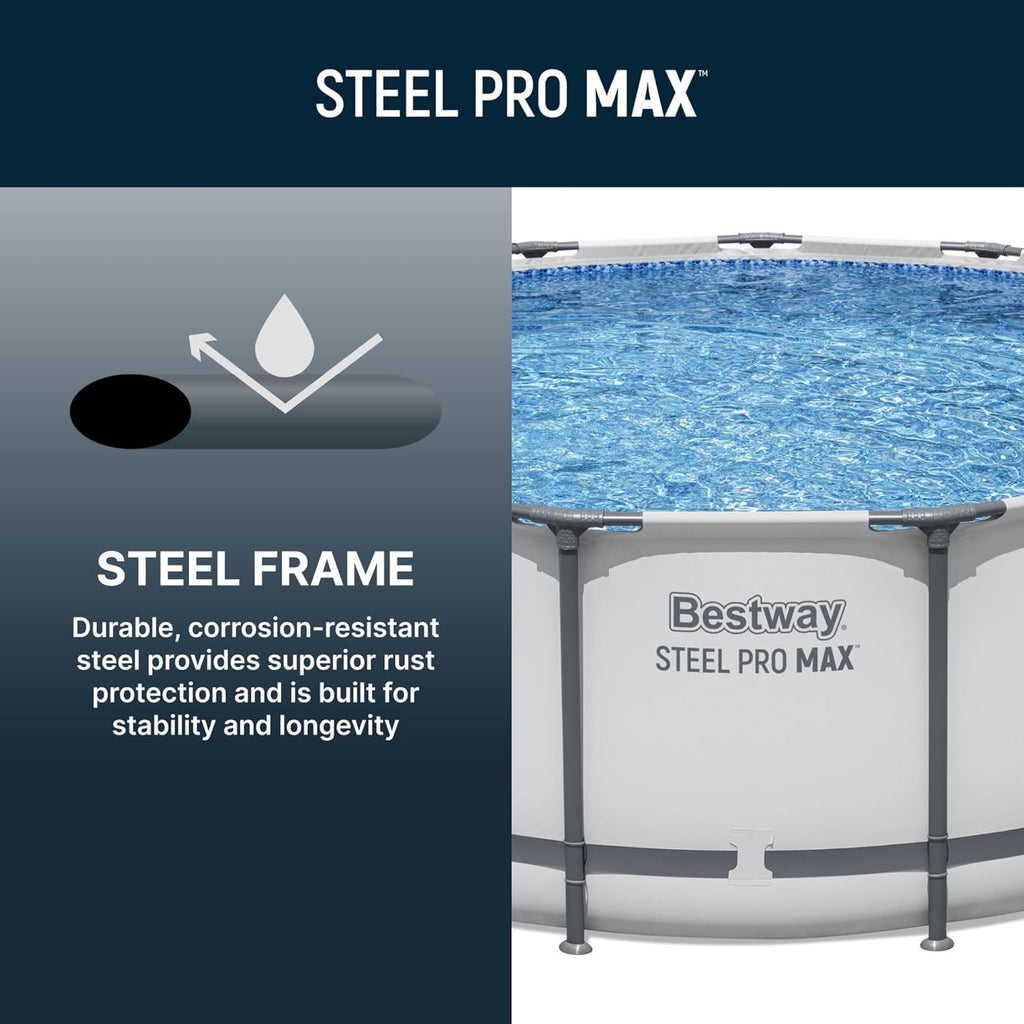 Steel Pro MAX 14 Foot x 48 Inch Round Metal Frame Above Ground Outdoor Swimming Pool Set with 1,000 Filter Pump, Ladder, and Cover, Gray wourant