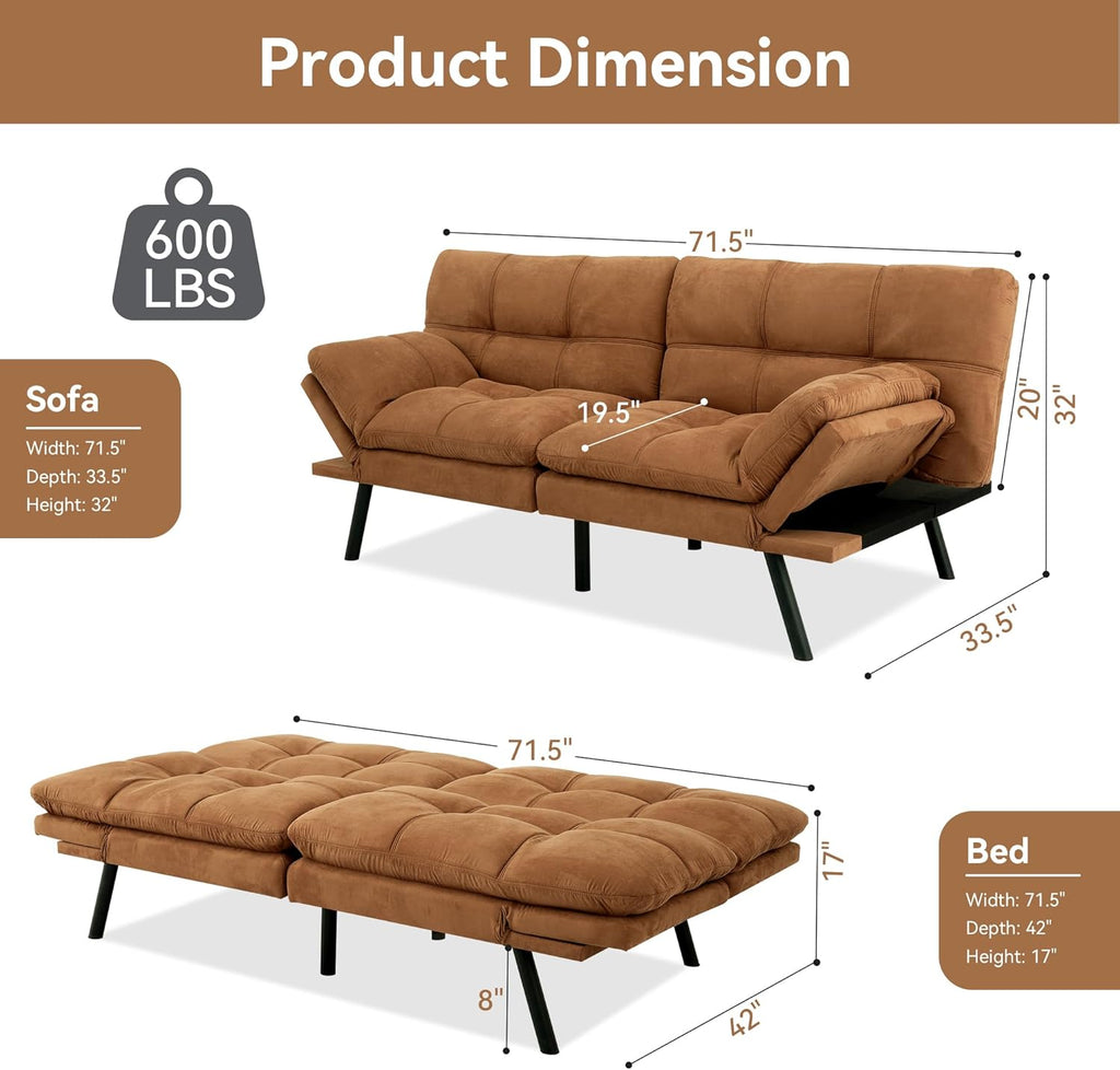 Amazon Basics Brown Loveseat,Convertible Couch Memory Foam Futon Sofa Bed Modern Sleeper Sofa for Small Compact Living Room,Office,Apartment, Linen Fabric wourant
