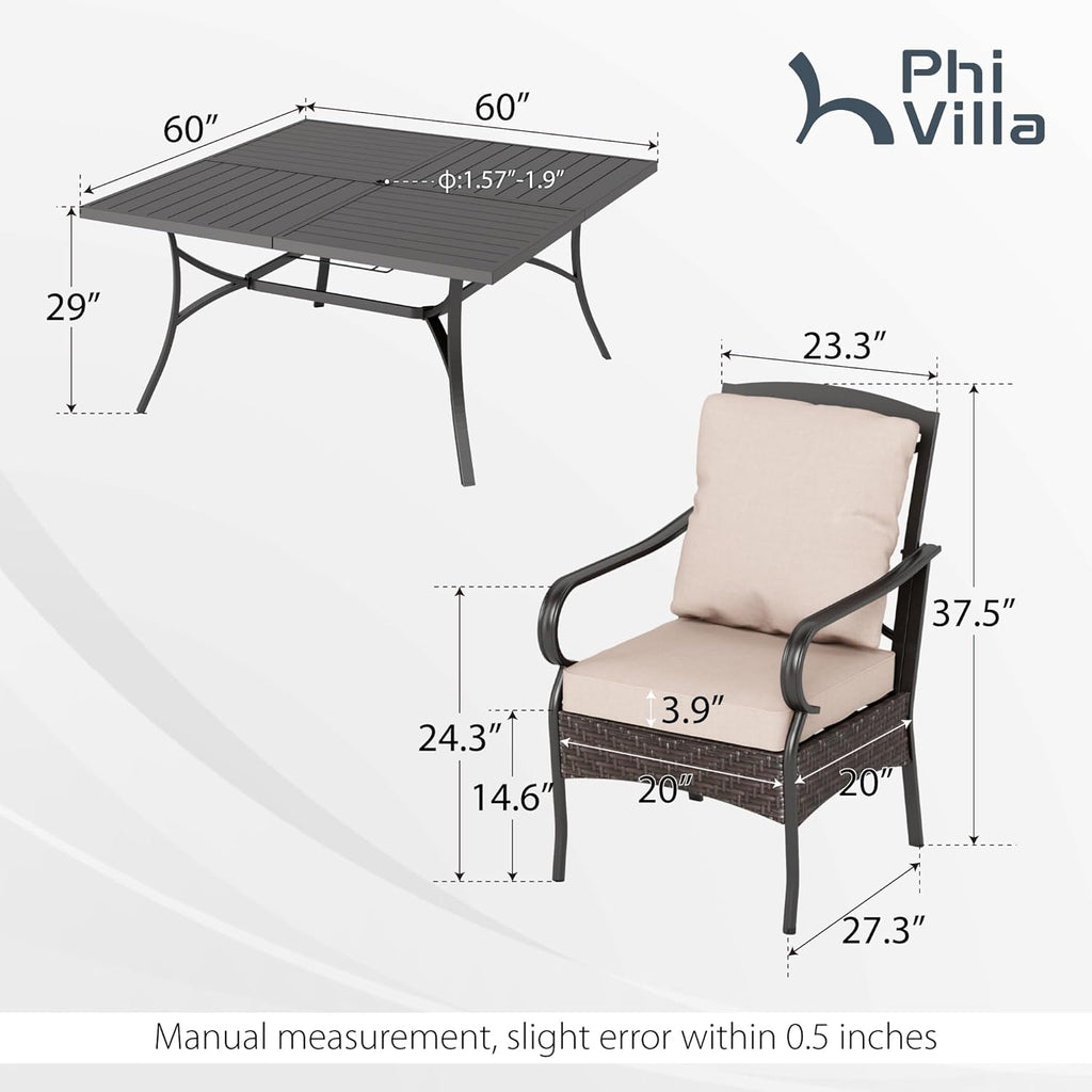 PHI VILLA 6-Piece Outdoor Dining Sets, All-Weather Patio Table and Chairs Set with Umbrella for 4, Heavy Duty Patio Round Table Set for Deck, 4 Extra Large Outdoor Swivel Chairs with Thick Cushions wourant