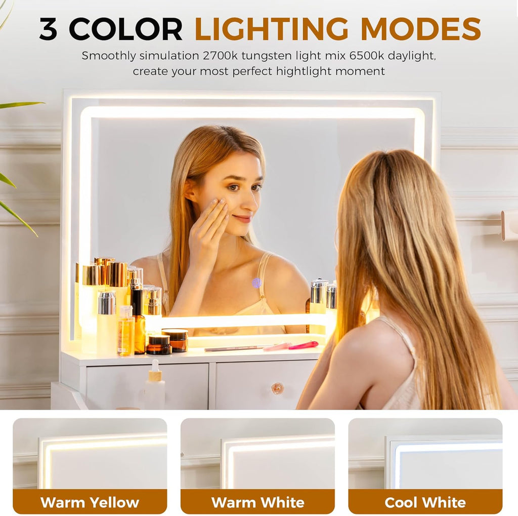 COMHOMA Makeup Vanity Desk with Mirror and Lights, Vanity Table and Chair Set wourant