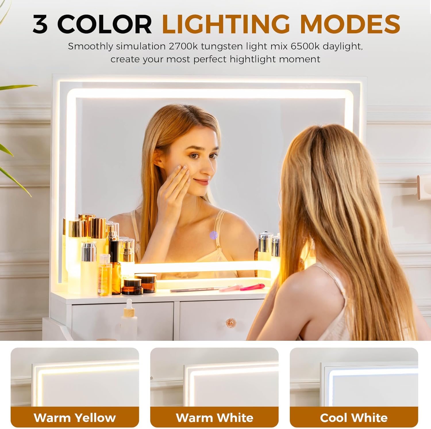 COMHOMA Makeup Vanity Desk with Mirror and Lights, Vanity Table and Chair Set wourant