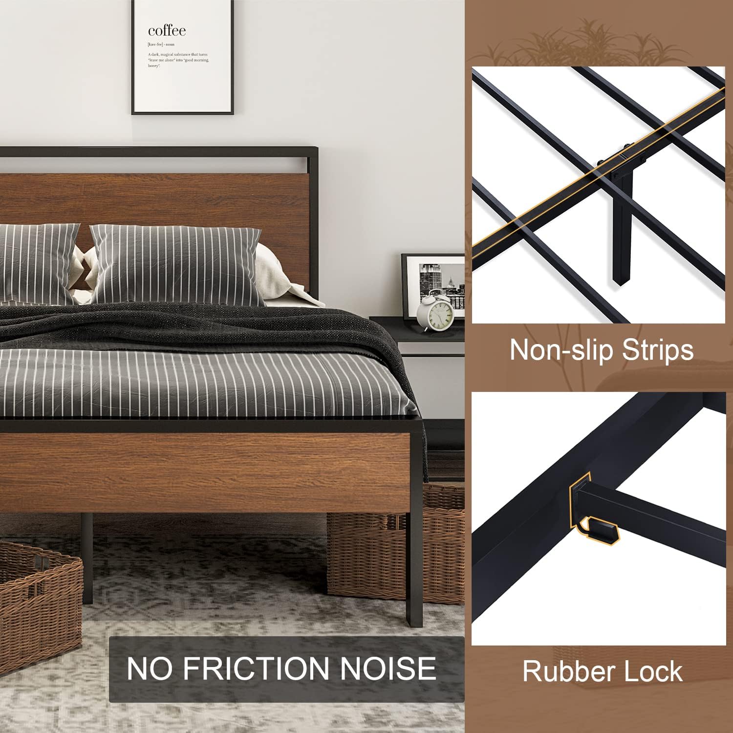 SHA CERLIN 14 Inch Full Size Metal Platform Bed Frame with Wooden Headboard and Footboard wourant