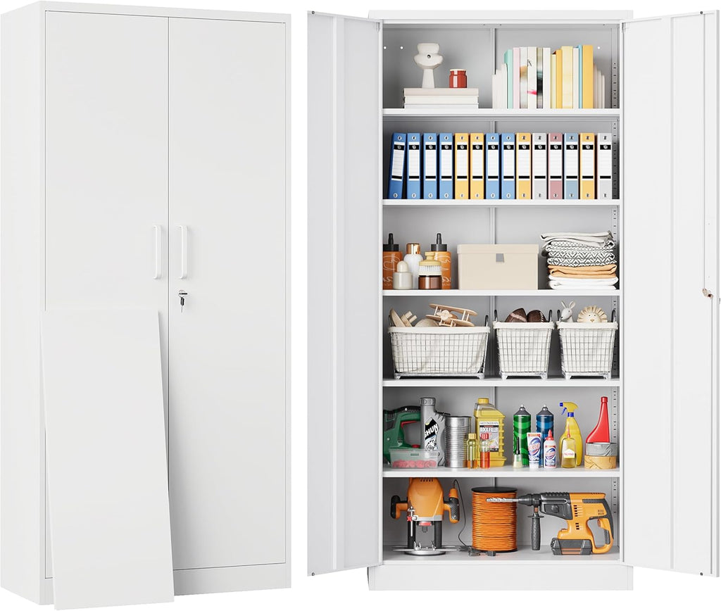Metal Storage Cabinet with 2 Doors and 6 Shelves, Black Metal Cabinet with Lock, 71 Inch Lockable Garage Storage Cabinet wourant