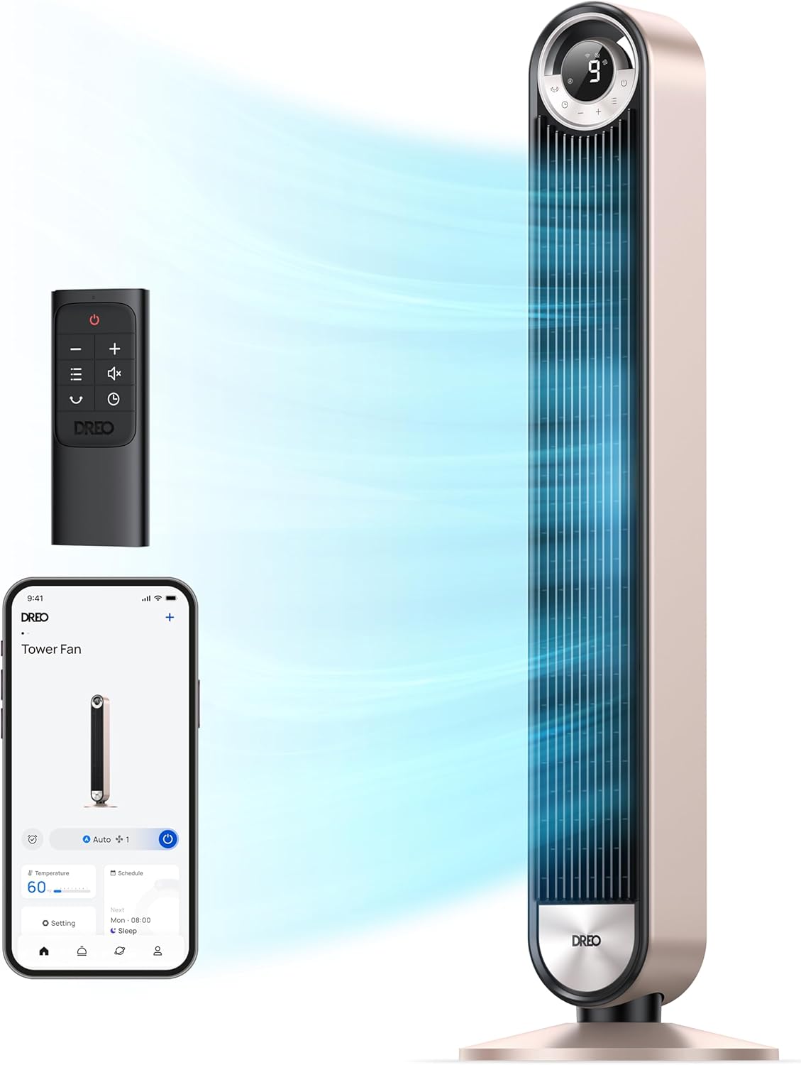 DREO Tower Fan for Bedroom, 90° Oscillating Standing Fan with 28ft/s Velocity, 20dB Quiet for Sleep, DC Motor, 9 Speeds, 4 Modes, 12H Timer, Voice & APP & Remote Control, 42" Cruiser Pro T2 S woonhhop