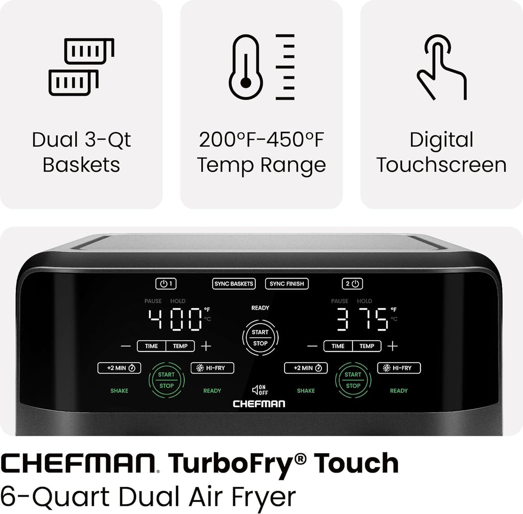 Chefman 6 Quart Dual Basket Air Fryer - Digital Touchscreen, Smart Sync Finish, Hi-Fry, Auto Shutoff, 2 Independent 3QT Nonstick Dishwasher-Safe Frying Baskets - Digital Double Air Fryer - Black wourant