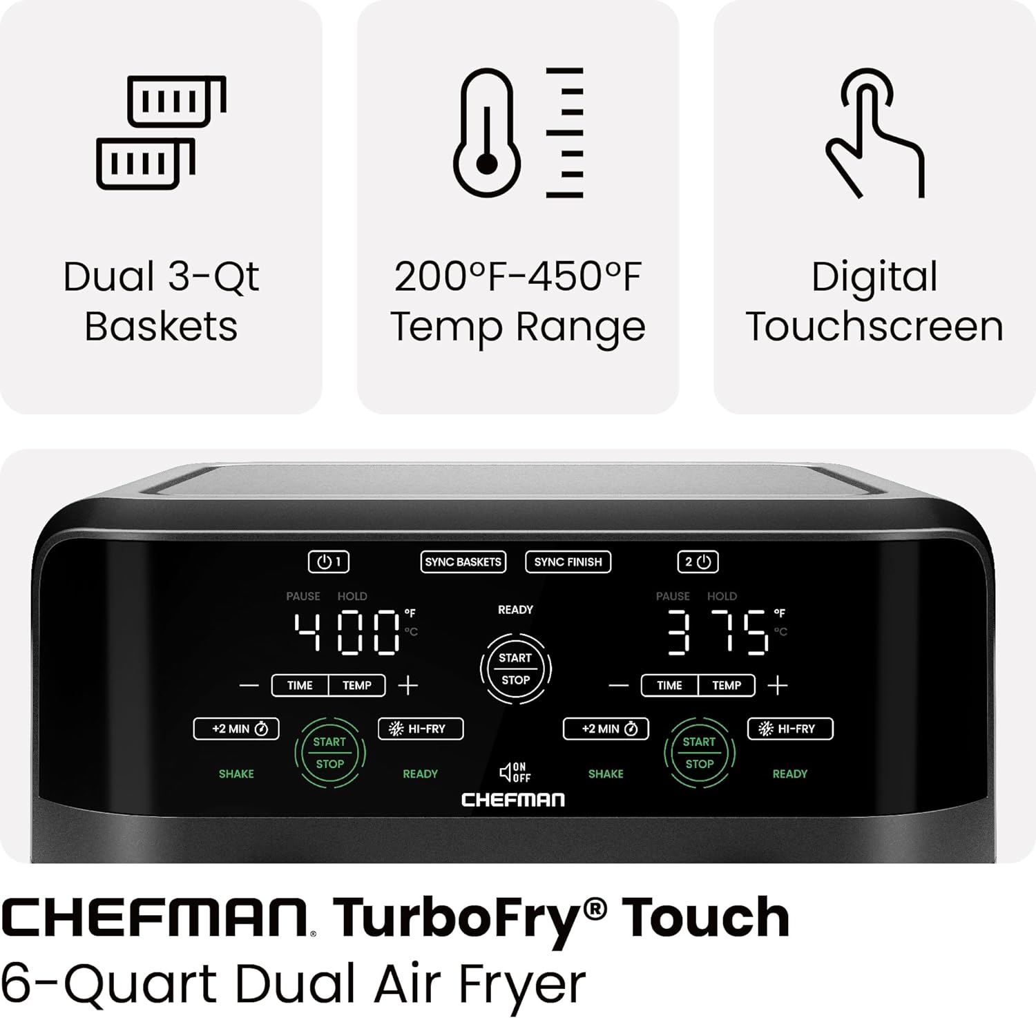 Chefman 6-Quart Dual Basket Air Fryer - Digital Touchscreen, Smart Sync Finish, High-Frying, Auto-Off, 2 Independent 3-Quart Nonstick Pans, Dishwasher-Safe Baskets wourant