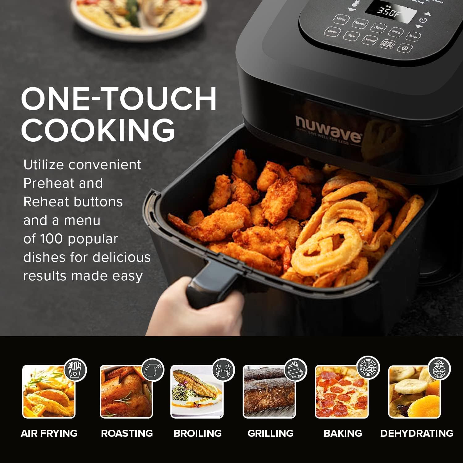 Nuwave Brio 15.5Qt Air Fryer/Oven quickly reheats, bakes, and dehydrates food with a temperature control range of 50°-425°F 1800W. wourant