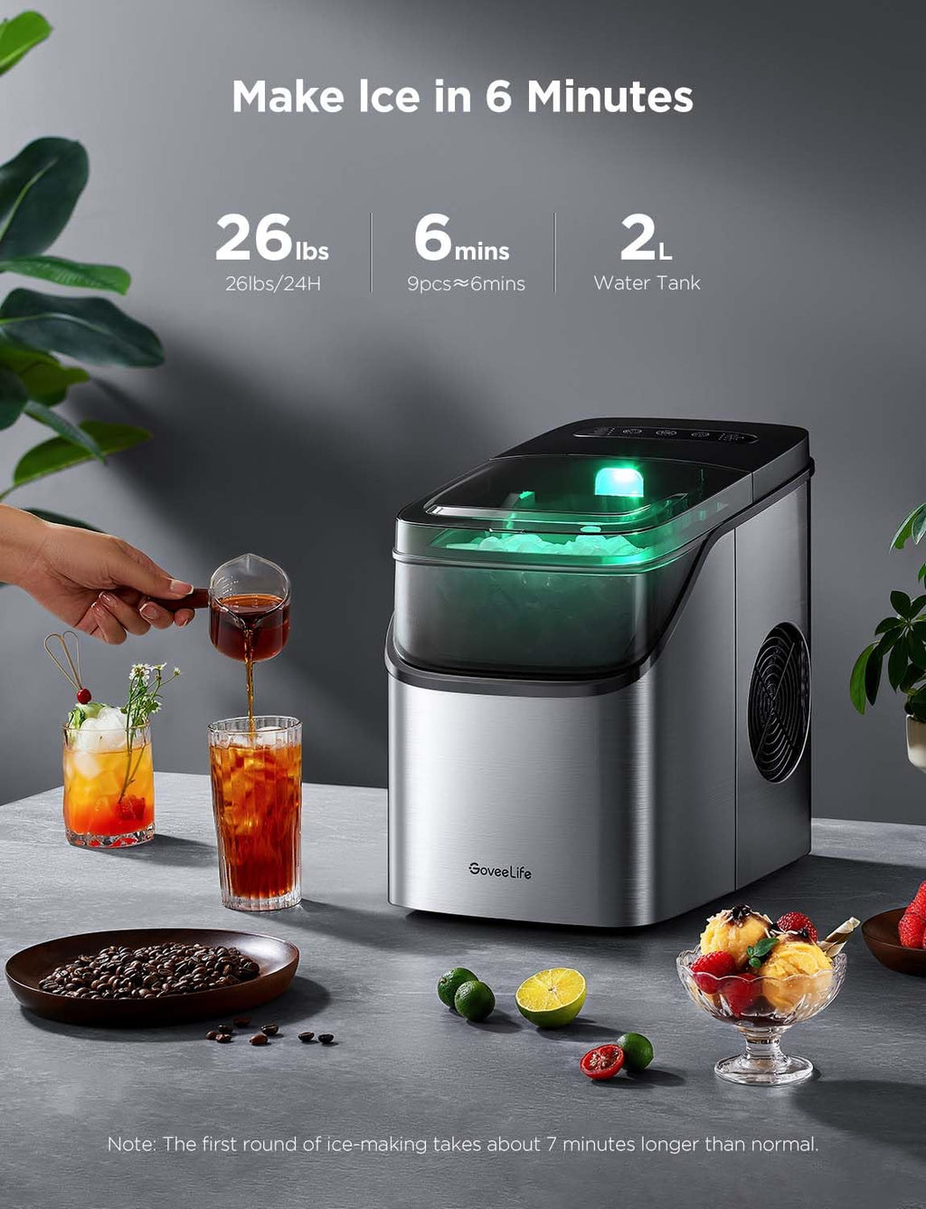 GoveeLife Smart Ice Maker Countertop, Portable Ice Machine with Voice Control, 9 Ice Cubes in 6 Minutes 3 Sizes, 26lbs/24Hrs, Self Cleaning RGB Lights, Quiet Ice Maker with Scoop for Kitchen Silver wourant