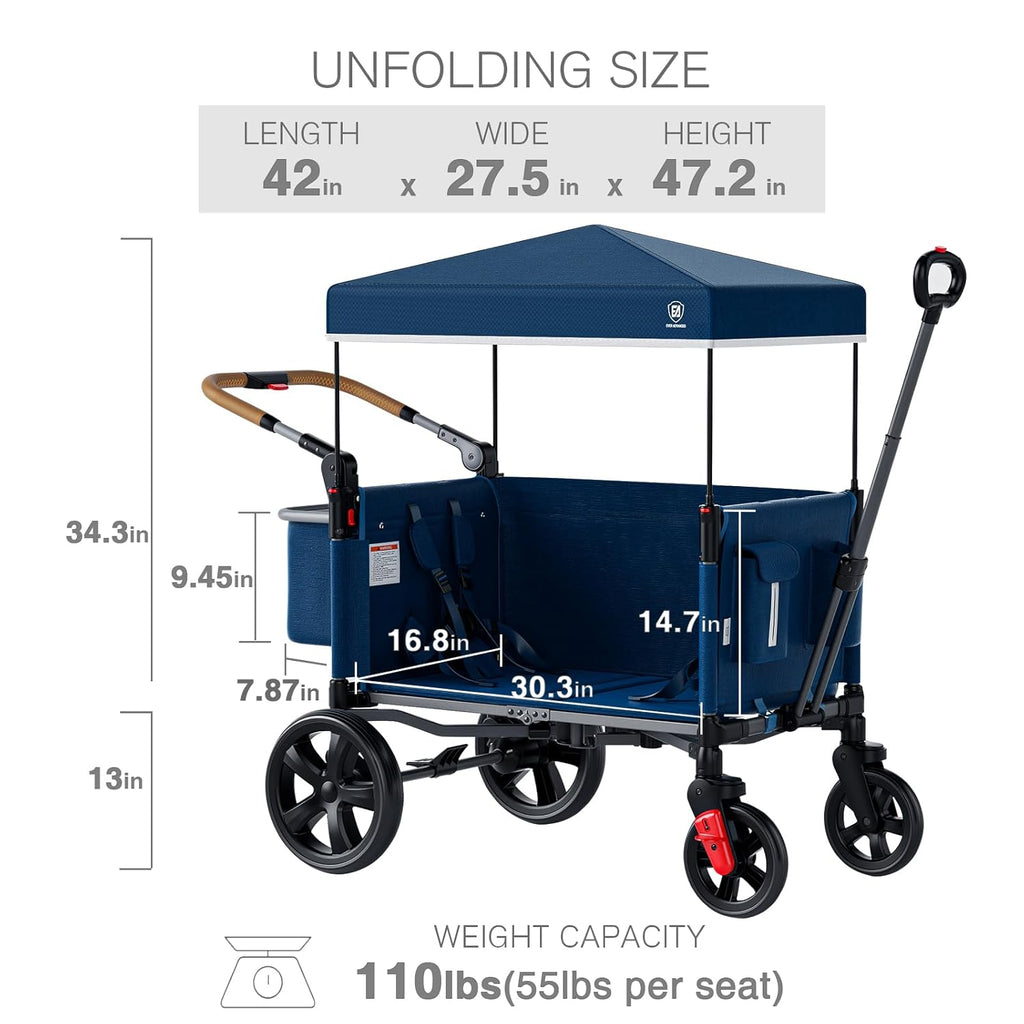 EVER ADVANCED Side-unzip Wagon Stroller for 2 Kids, Push Pull Stroller with Adjustable Handle, Easy Access Front Zipper Door, 5-Point Harness Removable UV-Protection Canopy Shock-Absorbing Wheels,Grey wourant