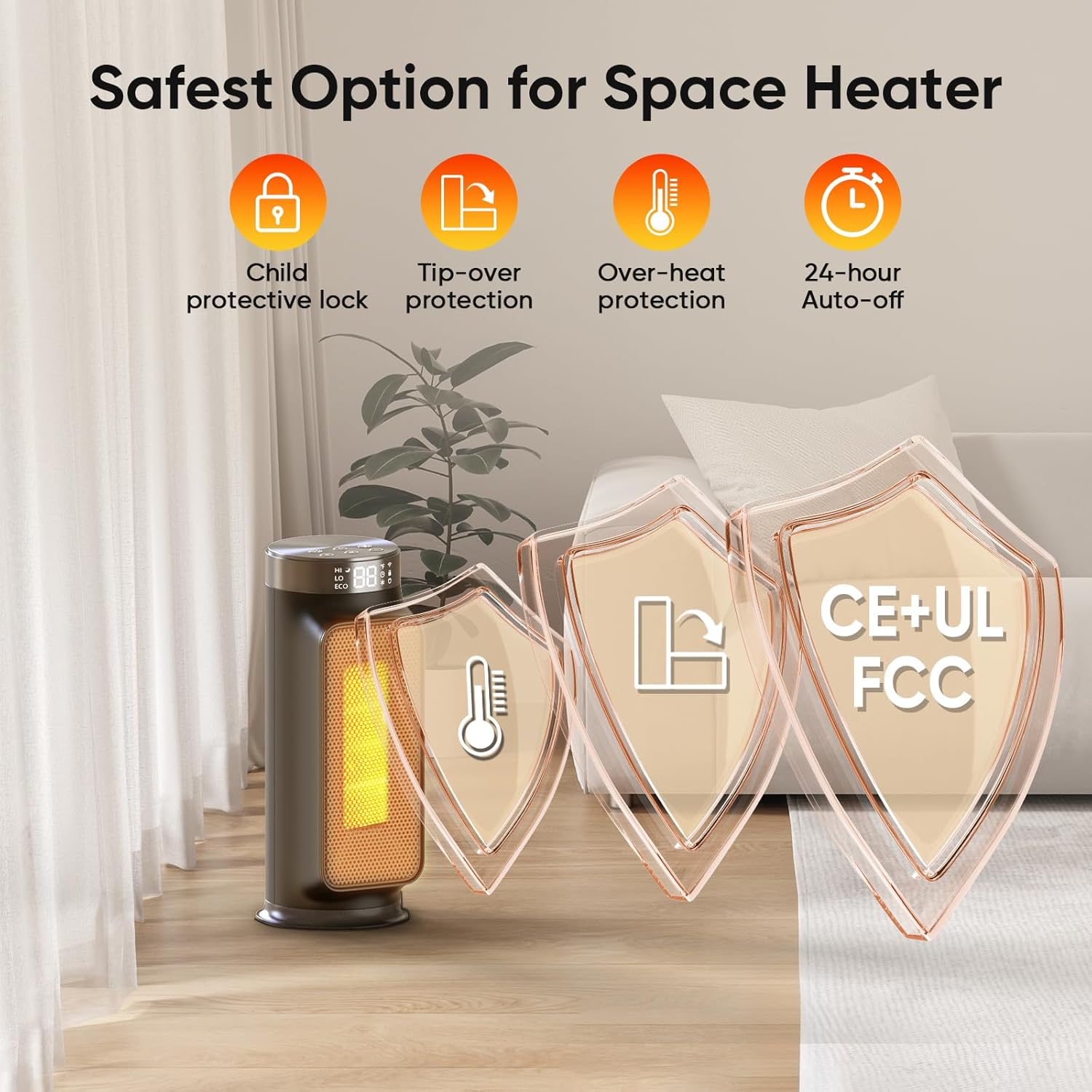 1500W Indoor Space Heater, Smart PTC Electric Heater with Wifi/App and Remote Control, Overheat and Tip-Over Protection wourant