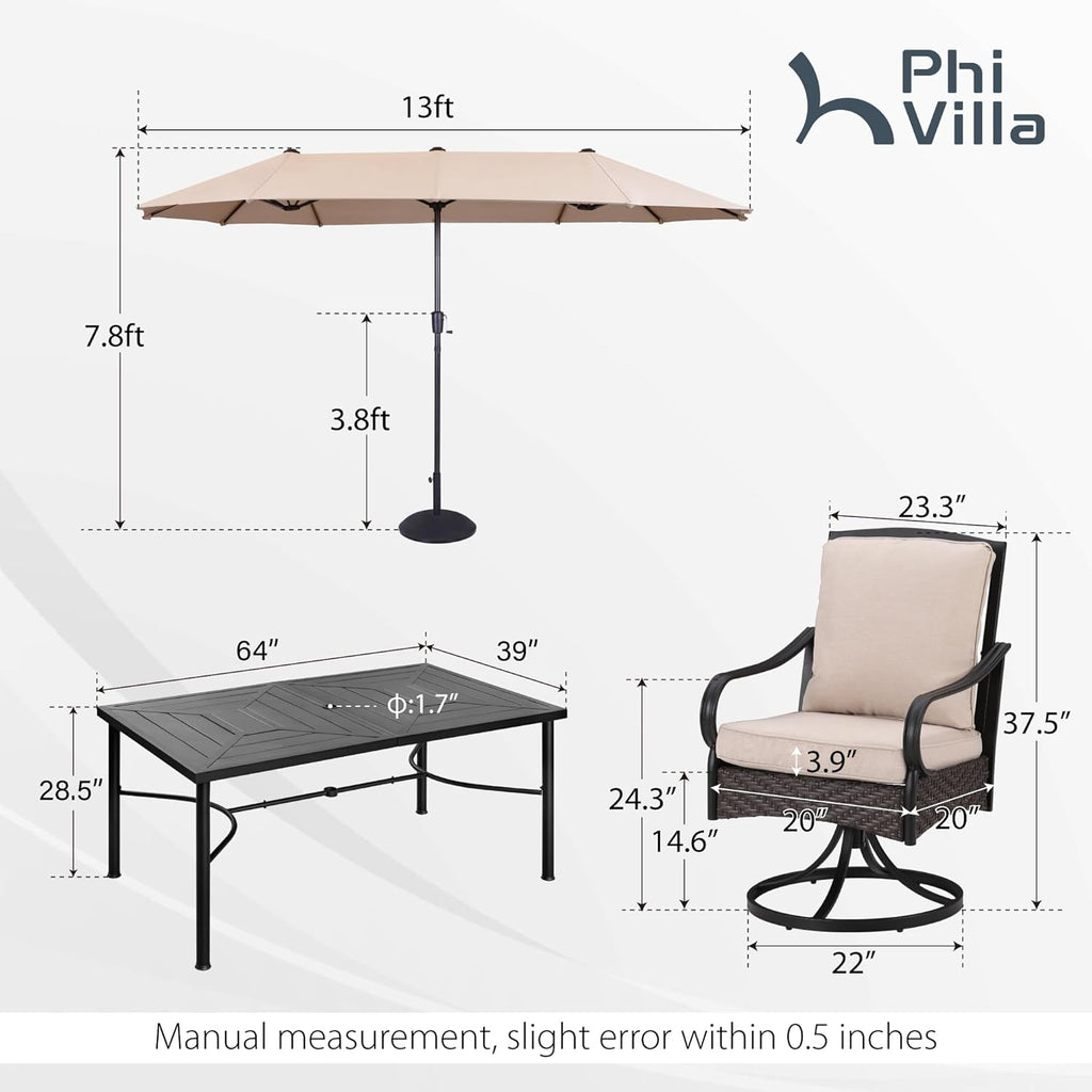 PHI VILLA 6-Piece Outdoor Dining Sets, All-Weather Patio Table and Chairs Set with Umbrella for 4, Heavy Duty Patio Round Table Set for Deck, 4 Extra Large Outdoor Swivel Chairs with Thick Cushions wourant