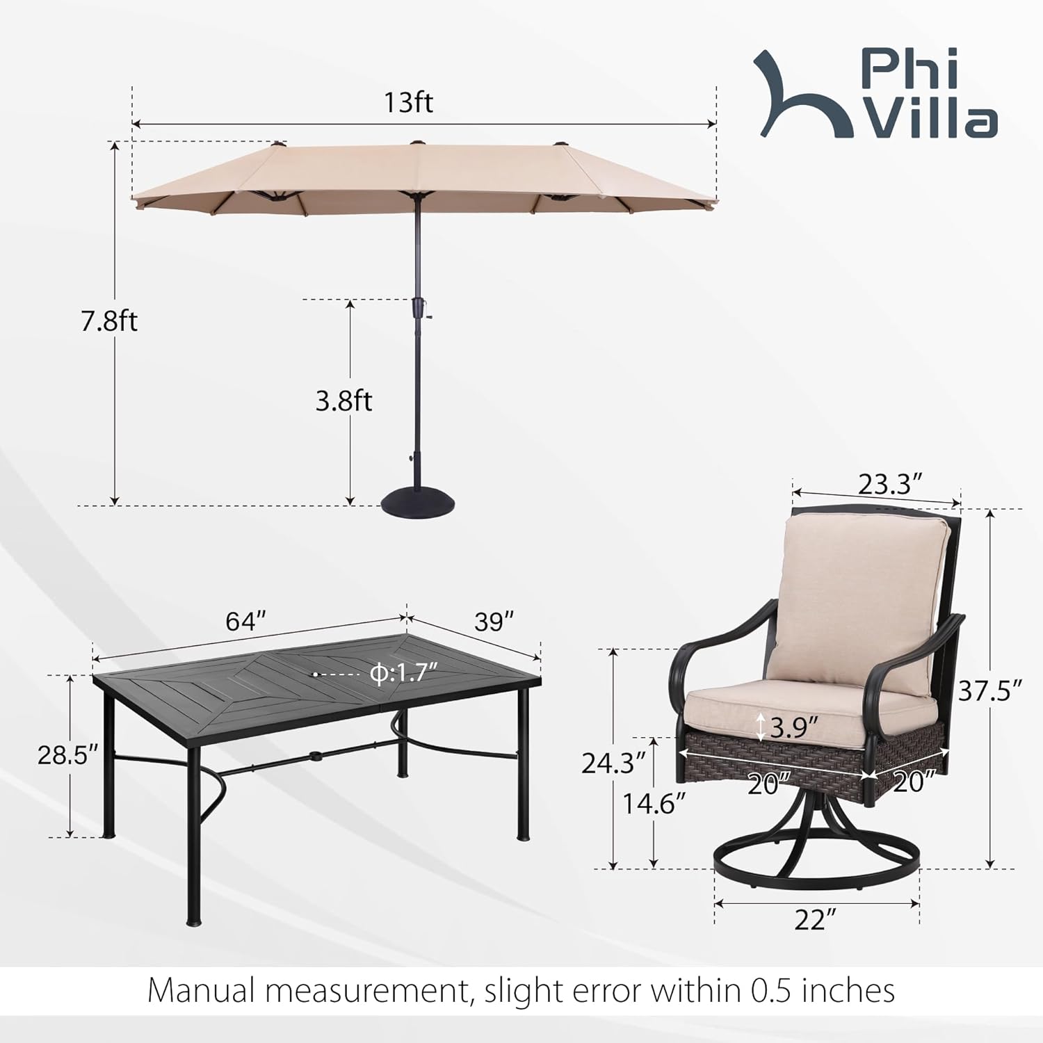 PHI VILLA 6-Piece Outdoor Dining Sets, All-Weather Patio Table and Chairs Set with Umbrella for 4, Heavy Duty Patio Round Table Set for Deck, 4 Extra Large Outdoor Swivel Chairs with Thick Cushions wourant