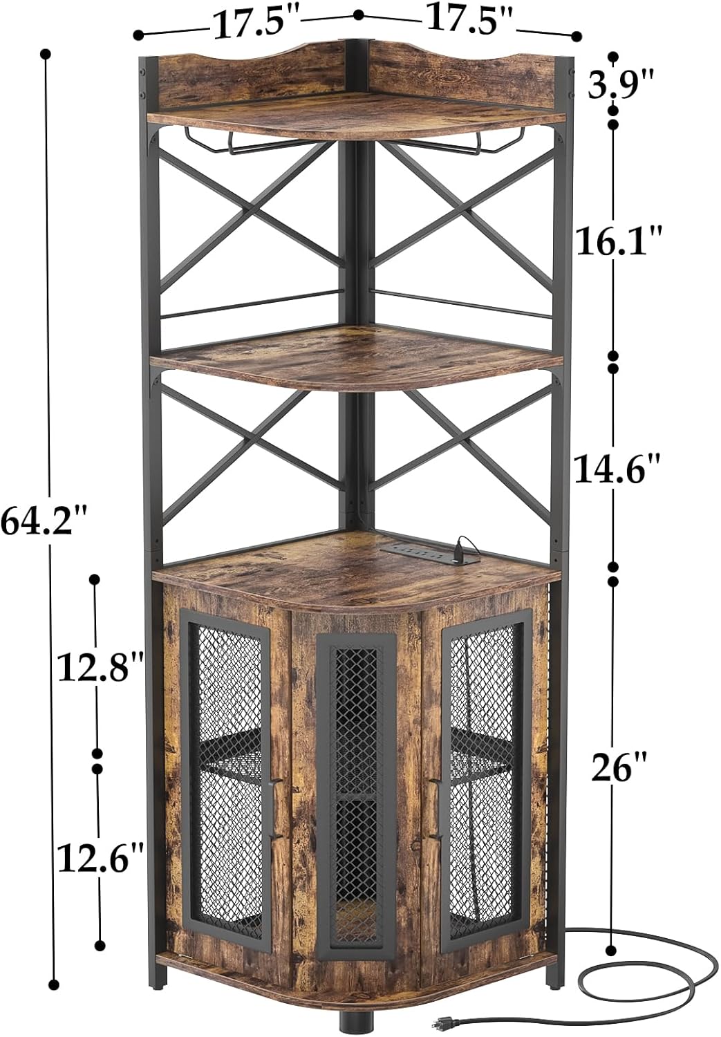 Corner bar cabinet with power socket, industrial style wine cabinet with LED light strip and glass rack, home five-layer wine cabinet bar unit, small space corner display cabinet wourant