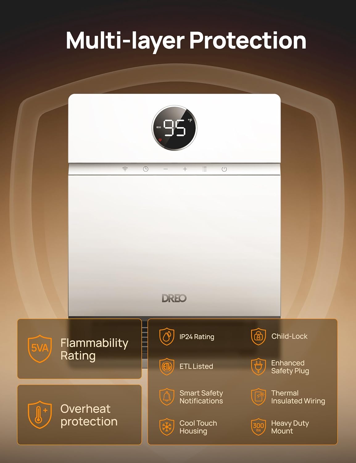 Dreo Smart Wall Heater, IP24 Electric PTC Space Heaters for Indoor Use, 30° Oscillation, Adjustable Thermostat, Remote Control, Works with Alexa, 24H Timer, Easy-mounted for Bedroom, Office, Home wourant