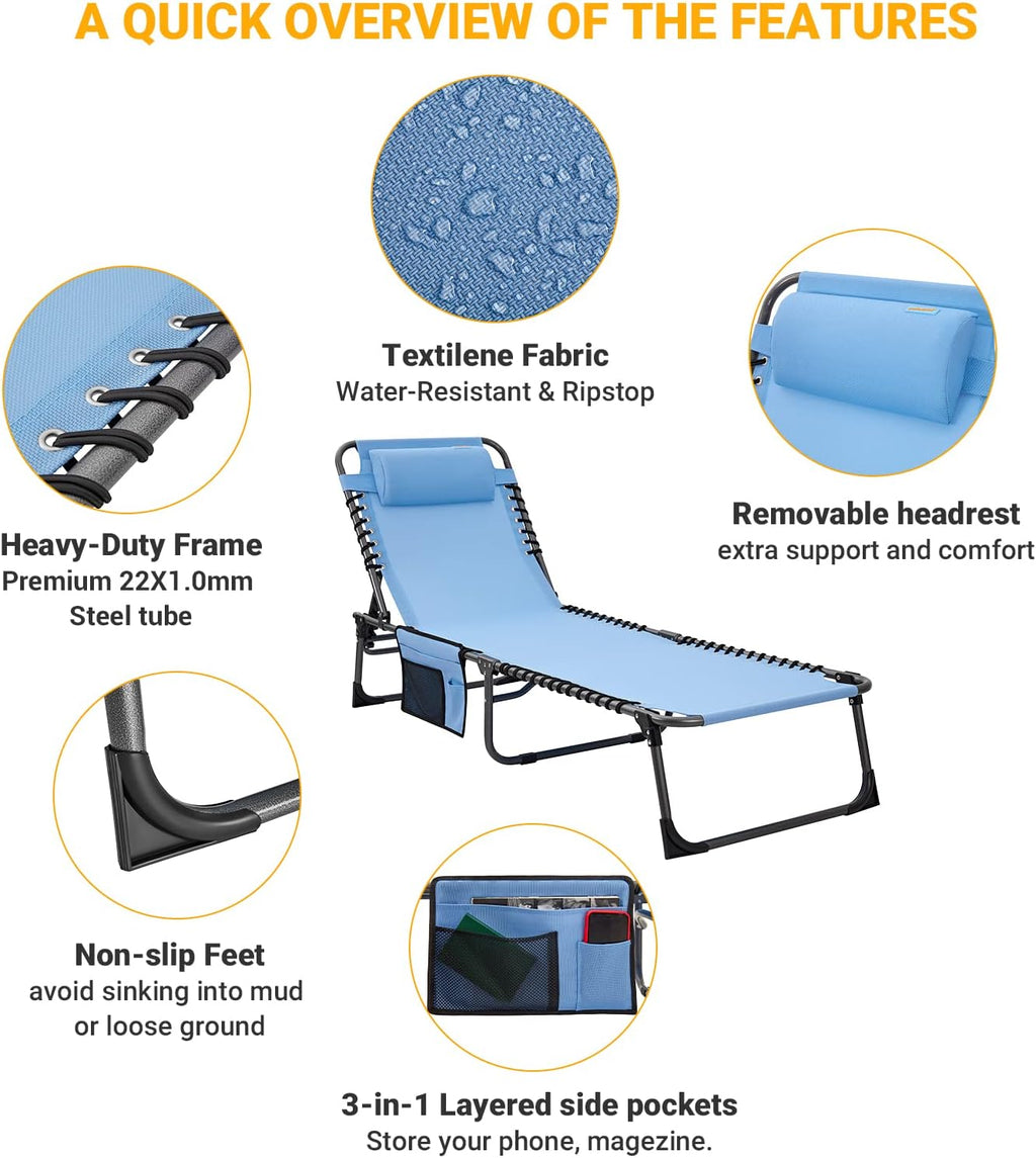 2 Pack Outdoor Chaise Lounge Chair - Portable Folding Patio Pool Lounge Chair, 5 Positions Adjustable Reclining Camping Chair with Side Table,Shoulder Strap, Pillow for Beach Sunbathing Lawn wourant