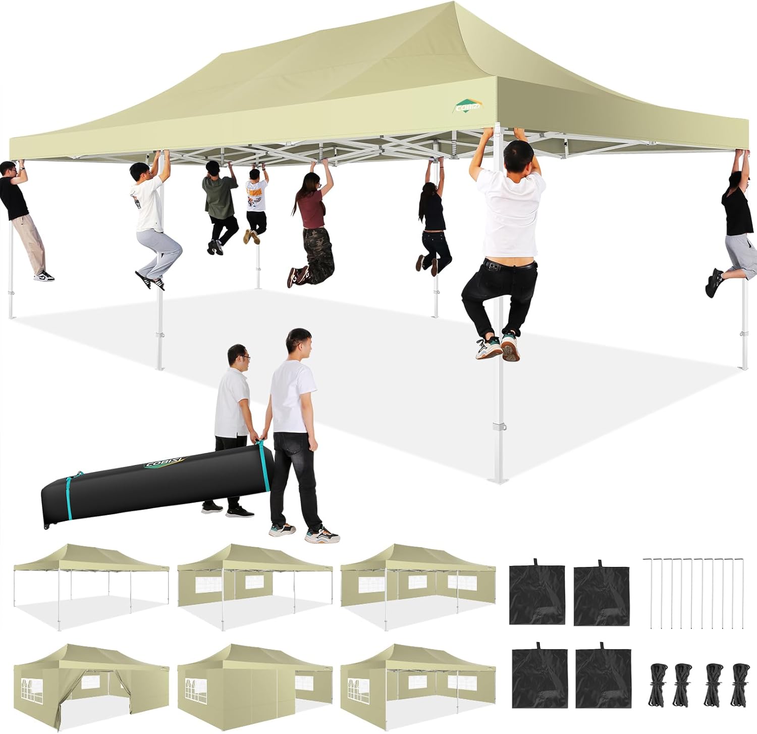 COBIZI 10x20 Heavy Duty Pop up Canopy Tent with 6 sidewalls Easy Up Commercial Outdoor Canopy Wedding Party Tents for Parties All Season Wind & Waterproof Gazebo with Roller Bag,Black(Frame Thickened) wourant