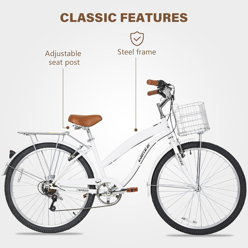 WEIZE Beach Cruiser Bike, 26 inch Commuter Bicycle for Adult Men and Women, 7-Speed/High-Carbon Steel/Front & Rear Fenders, Comfortable City Bikes with Rear Rack or Basket, Ergonomic Upright Design wourant