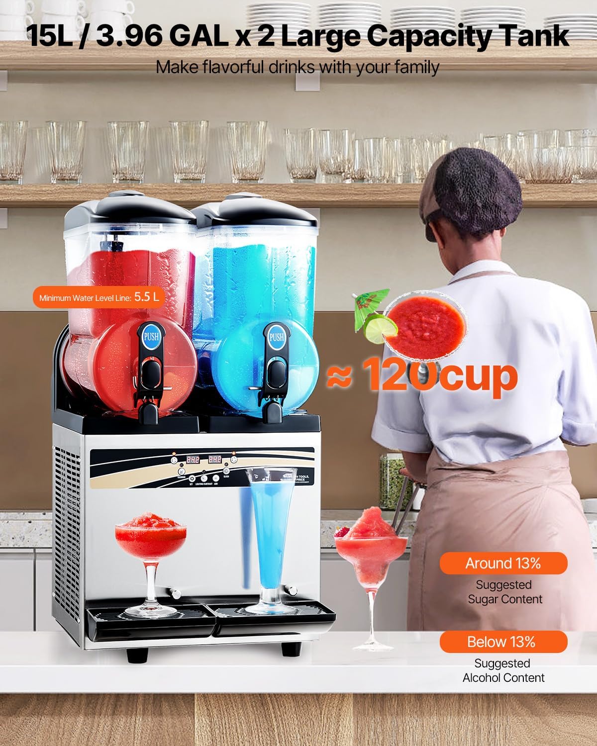 VEVOR Slushy Machine, 15Lx2 Double Tank Commercial Margarita Machine, 120 Cups Stainless Steel Margarita Smoothie Frozen Drink Machine, Slushie Machine for Home Party Restaurants Cafe Bars wourant