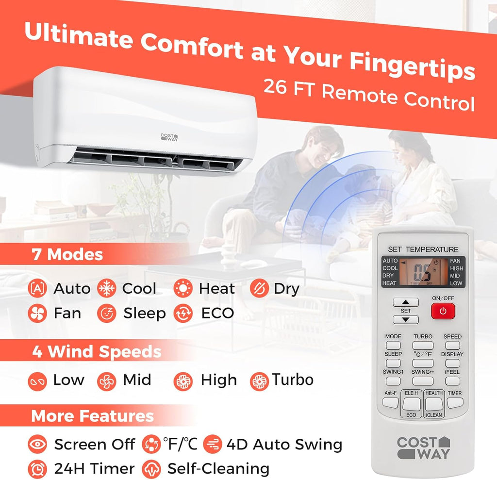 COSTWAY 12000BTU Mini Split Air Conditioner& Heater, 20 SEER2 115V Wall-Mounted Ductless AC Unit Cools Rooms up to 750 Sq. Ft, Energy Efficient Inverter AC with Heat Pump (Blast Series) wourant
