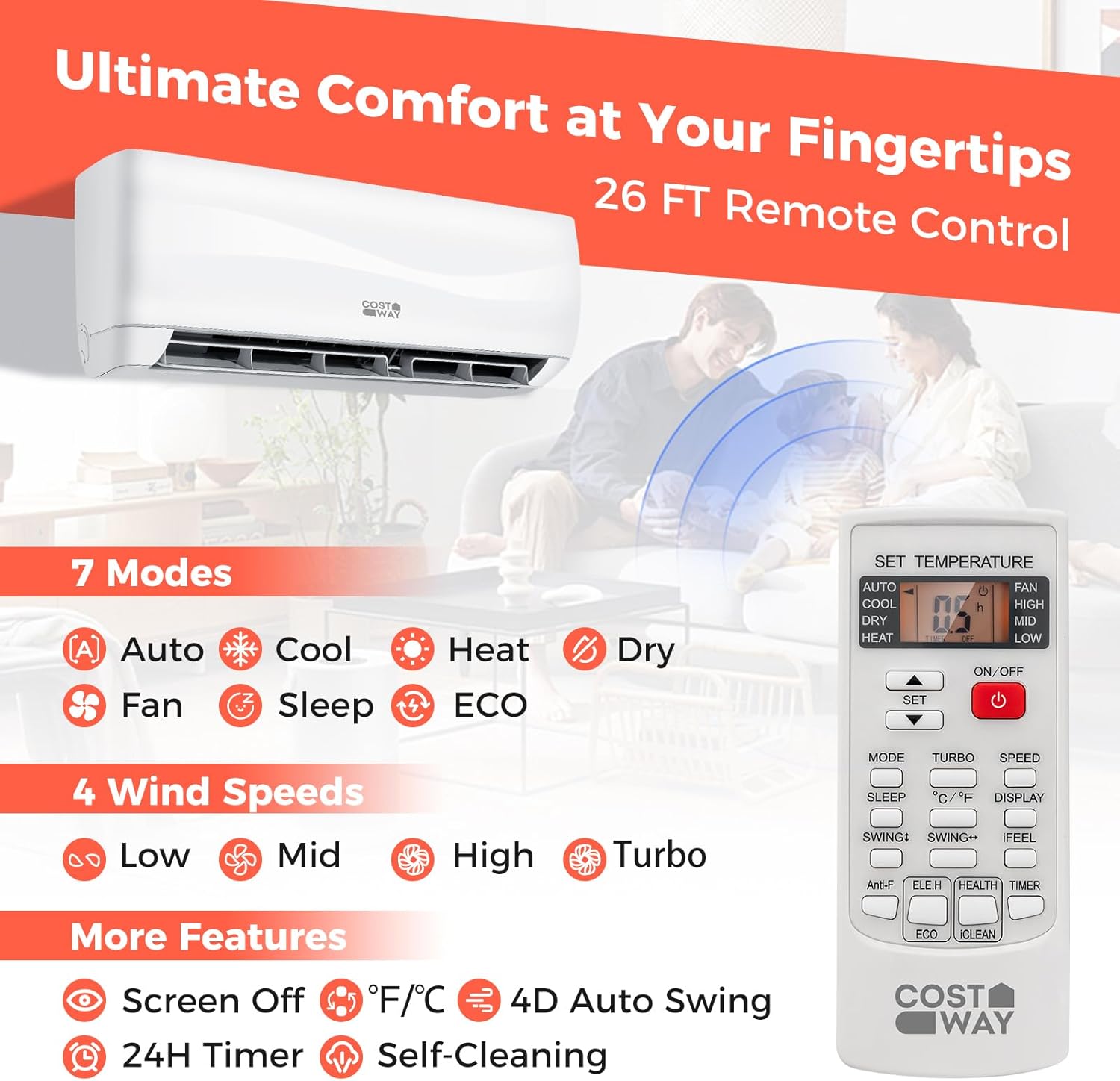 COSTWAY 12000BTU Mini Split Air Conditioner& Heater, 20 SEER2 115V Wall-Mounted Ductless AC Unit Cools Rooms up to 750 Sq. Ft, Energy Efficient Inverter AC with Heat Pump (Blast Series) wourant