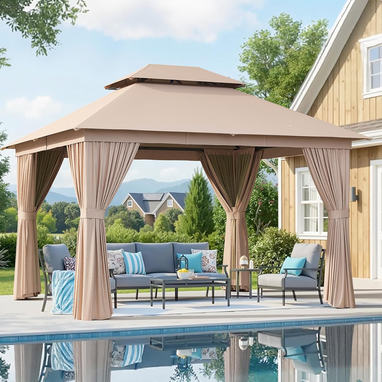Aoxun Outdoor Gazebo for Patio 10x12, Metal Frame Canopy with Double Roofs wourant