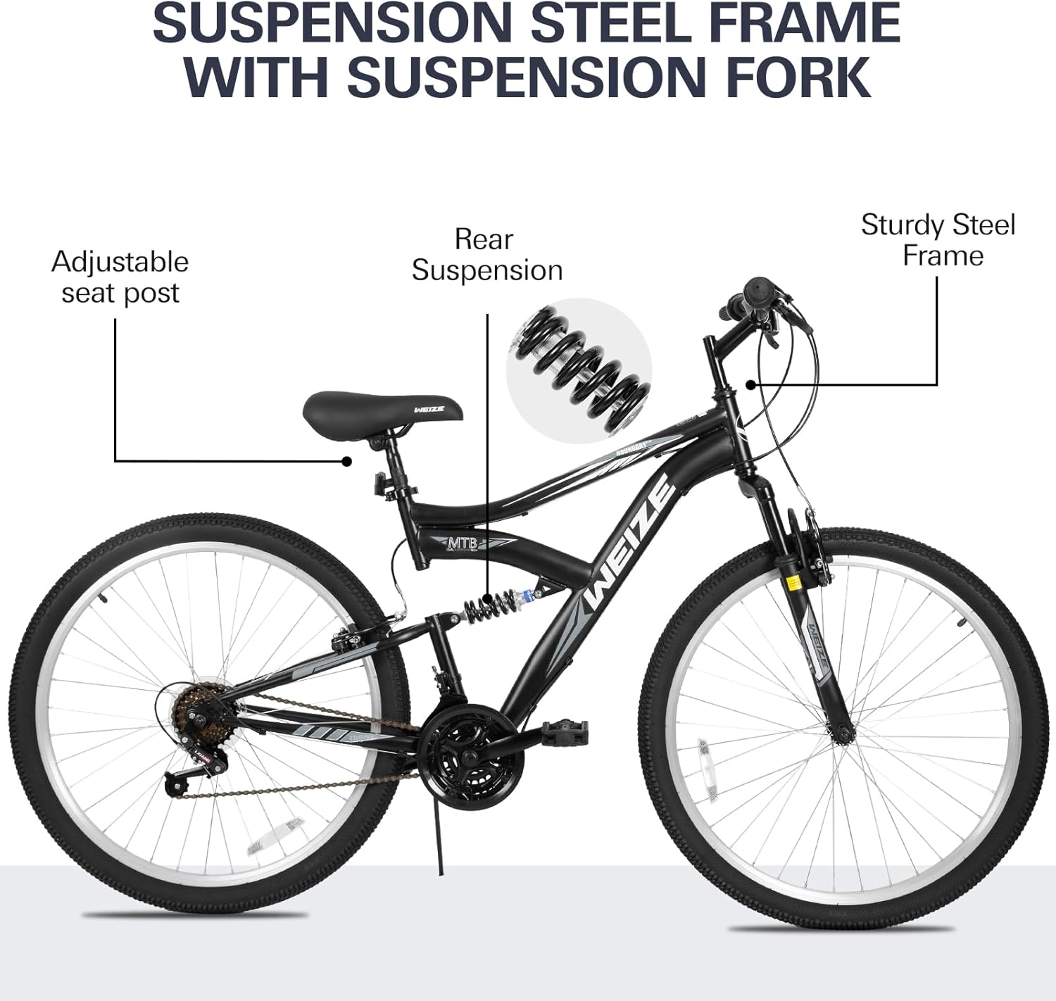 WEIZE Mountain Bike, 26 27.5 inch Outdoor Hybrid Bikes,18-Speed/High-Carbon Steel/Dual Full Suspension, Adjustable Ergonomic Seat for Men Women Adult, MTB Bicycle with Suspension Fork,Sleek Colors wourant